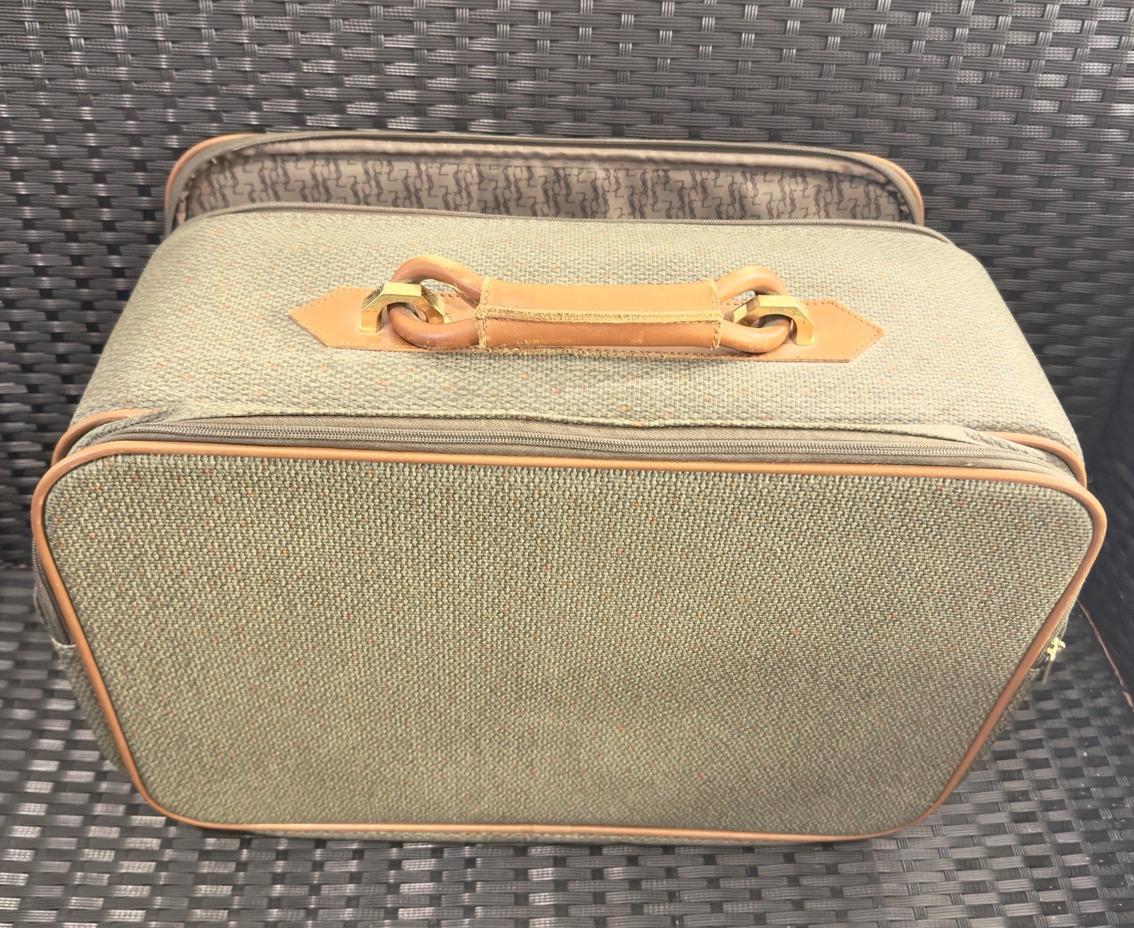 Vintage 1970s YSL Yves Saint Laurent Canvas Suitcase Olive Tan Leather Bag 19 in