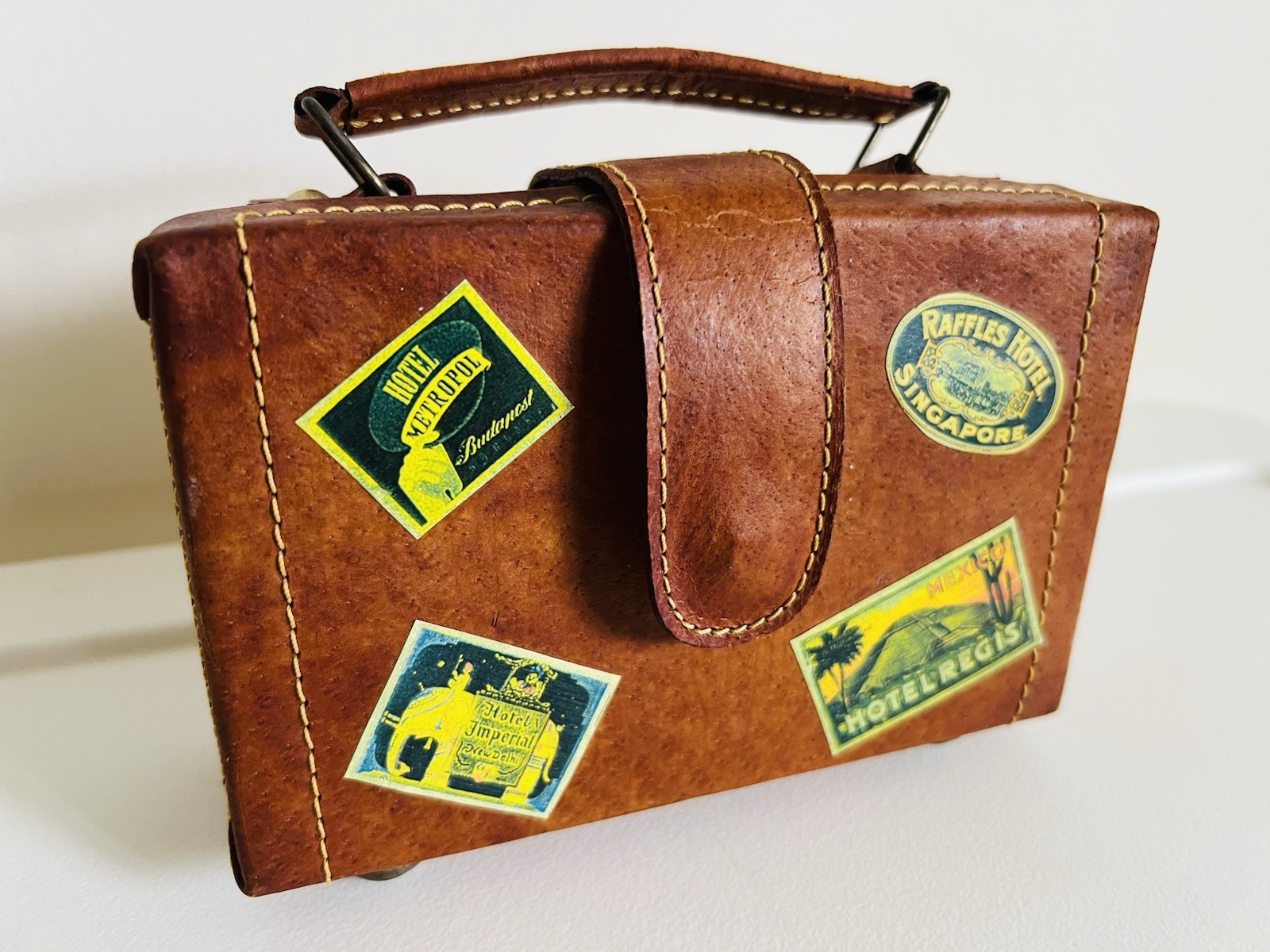 Vintage Leather Case Travel Stickers Magnetic Button Lined Mini Doll Suitcase 6”