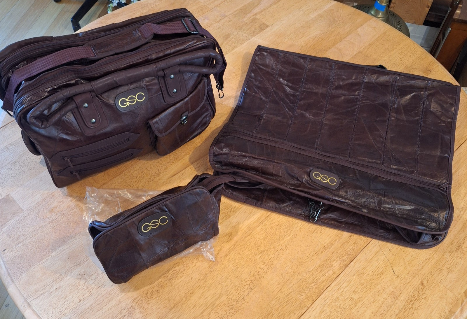 Vintage GSC Brown Patchwork Leather 3 Piece Luggage Set