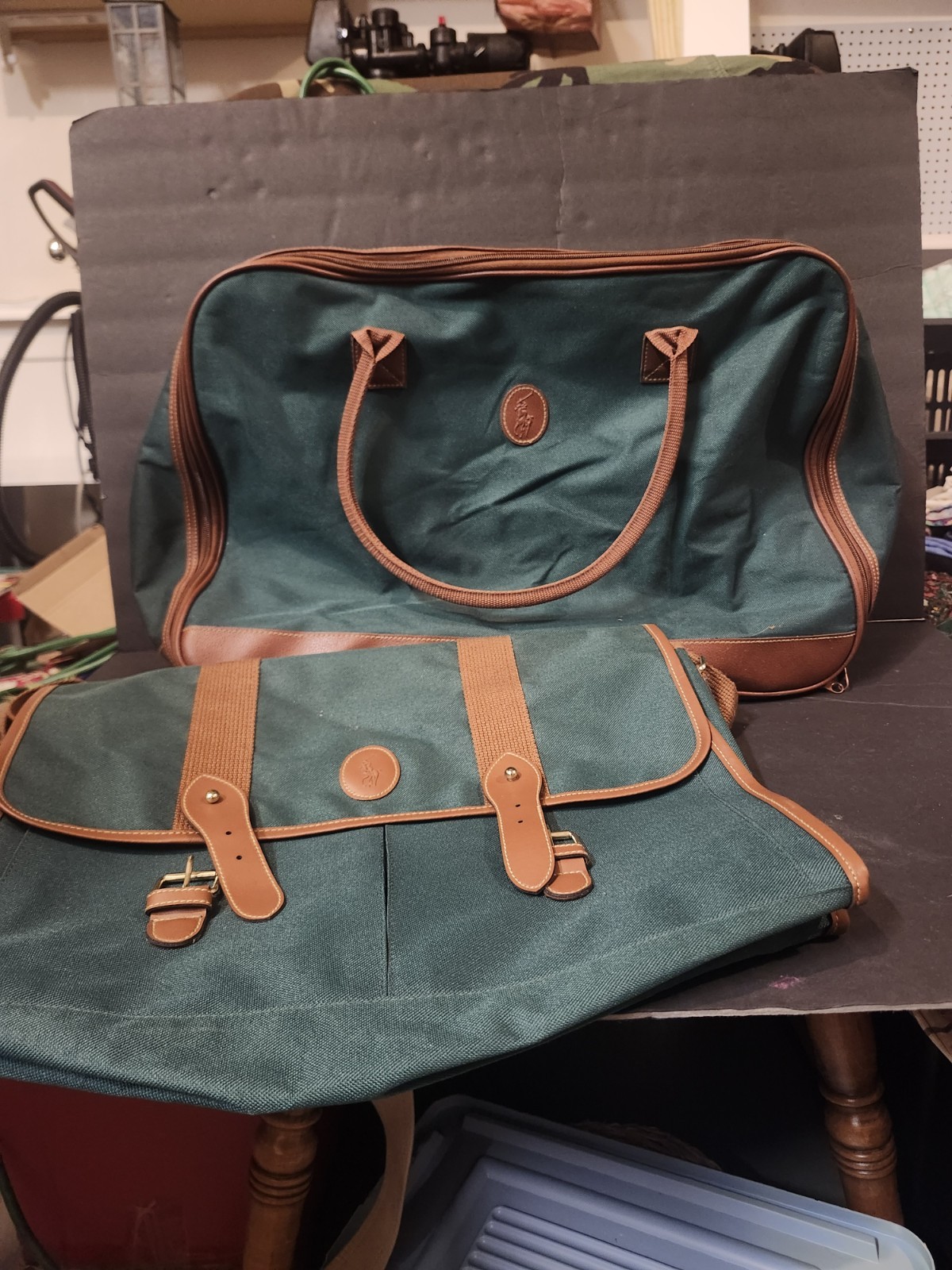 Vtg Polo Ralph Lauren 2pc Travel Bag Set Green Canvas Duffel Messenger Luggage