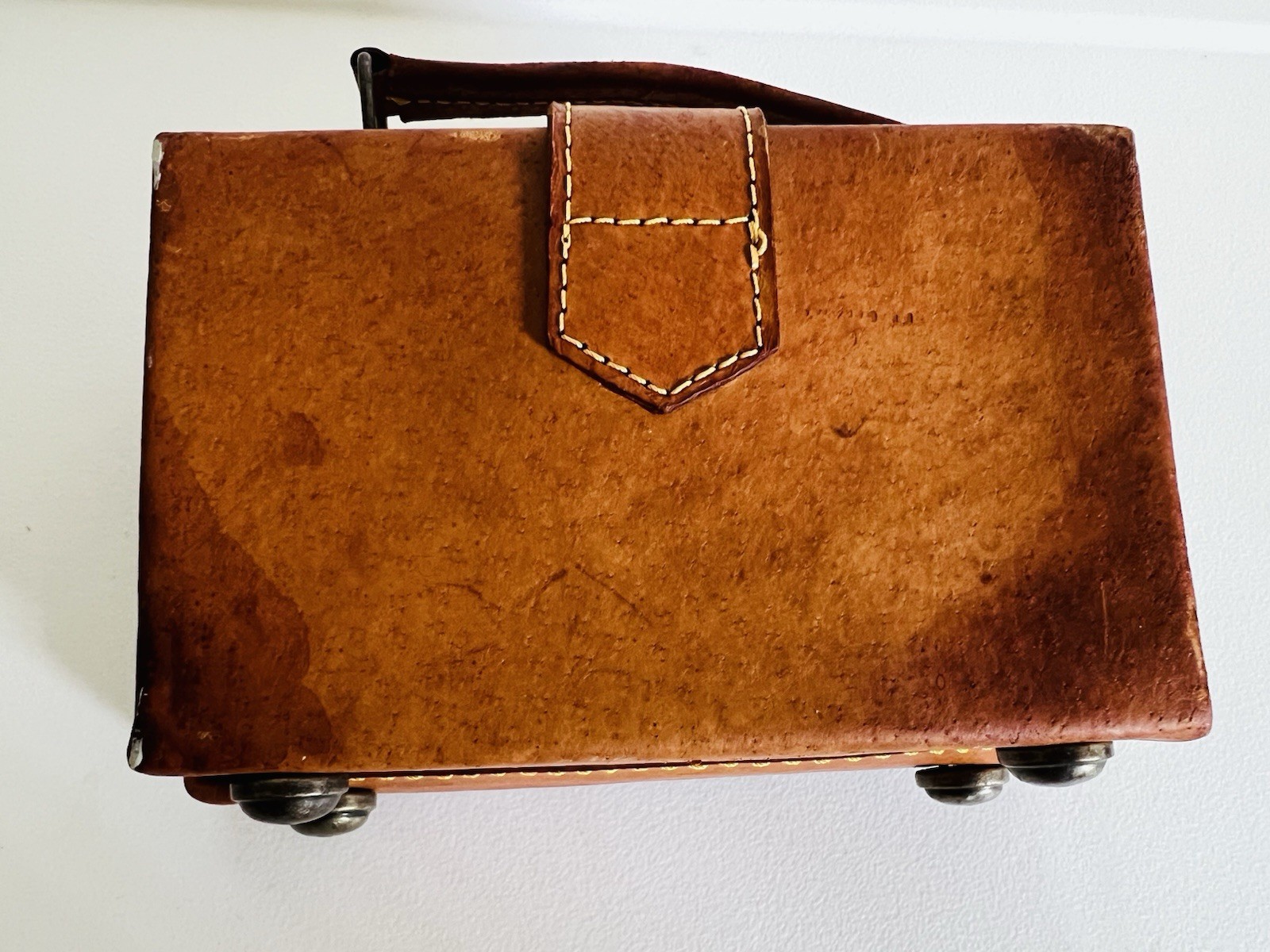 Vintage Leather Case Travel Stickers Magnetic Button Lined Mini Doll Suitcase 6”