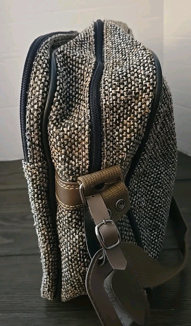 Verdi Travel Bag Vintage Tweed Faux Leather 70s Brown Pockets Shoulder Strap USA