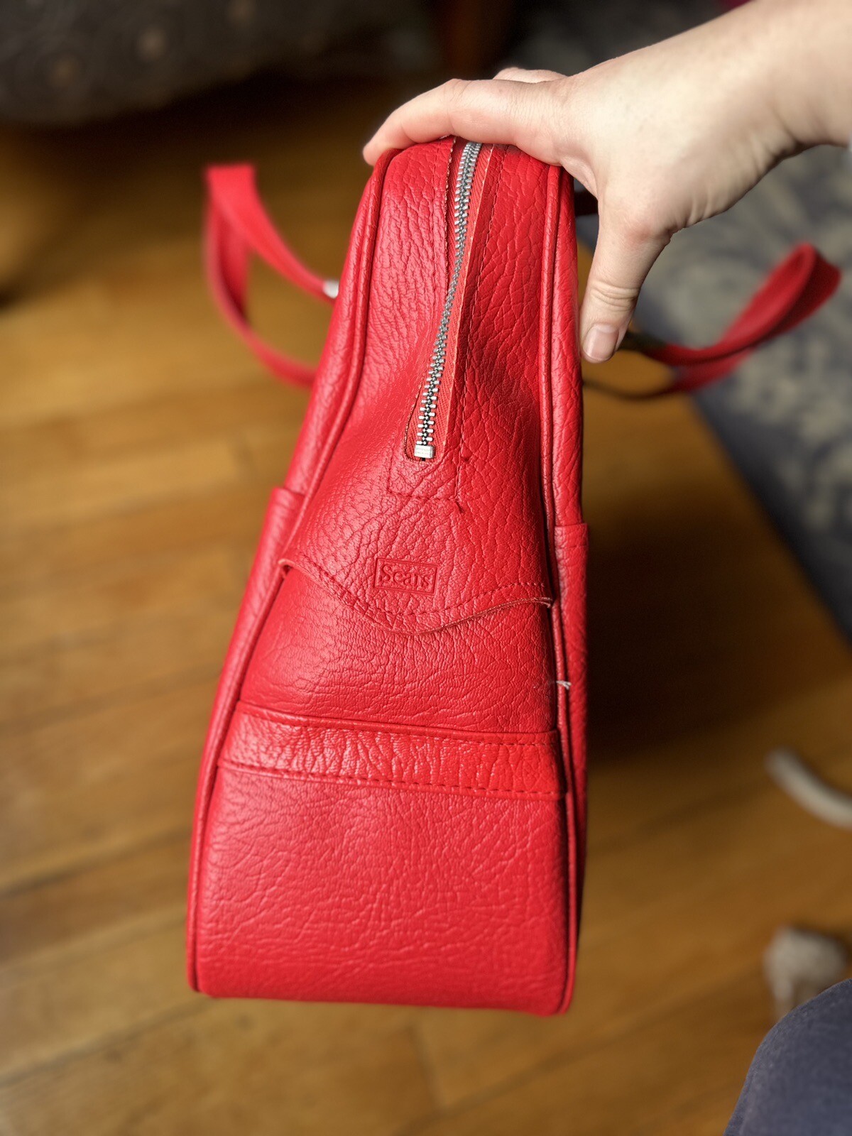 Vintage Sears Women’s Travel Bag Red Leather Double Handles Lined Zipper Closure