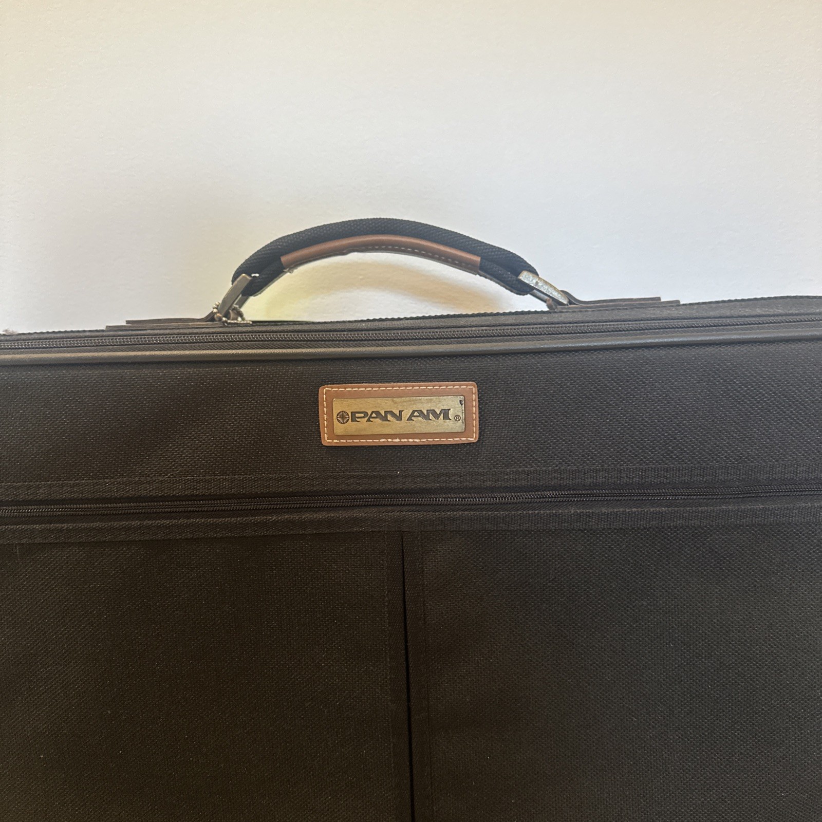 Vintage PAN AM 1970s Suite Case Luggage Black Tan Canvas Pan American w/ Wheels