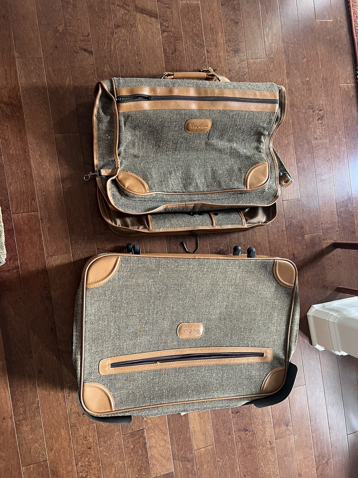 Vintage Pierre Cardin Brown & Gray Tweed Suitcase And garment bag