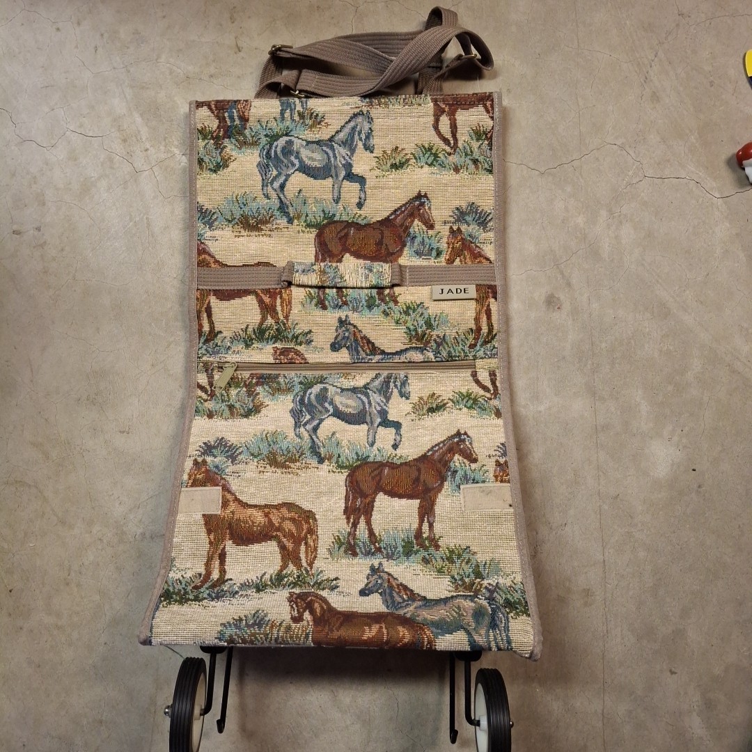 Vtg Jade Tapestry Horses Travel bag Tote with wheels 1970s
