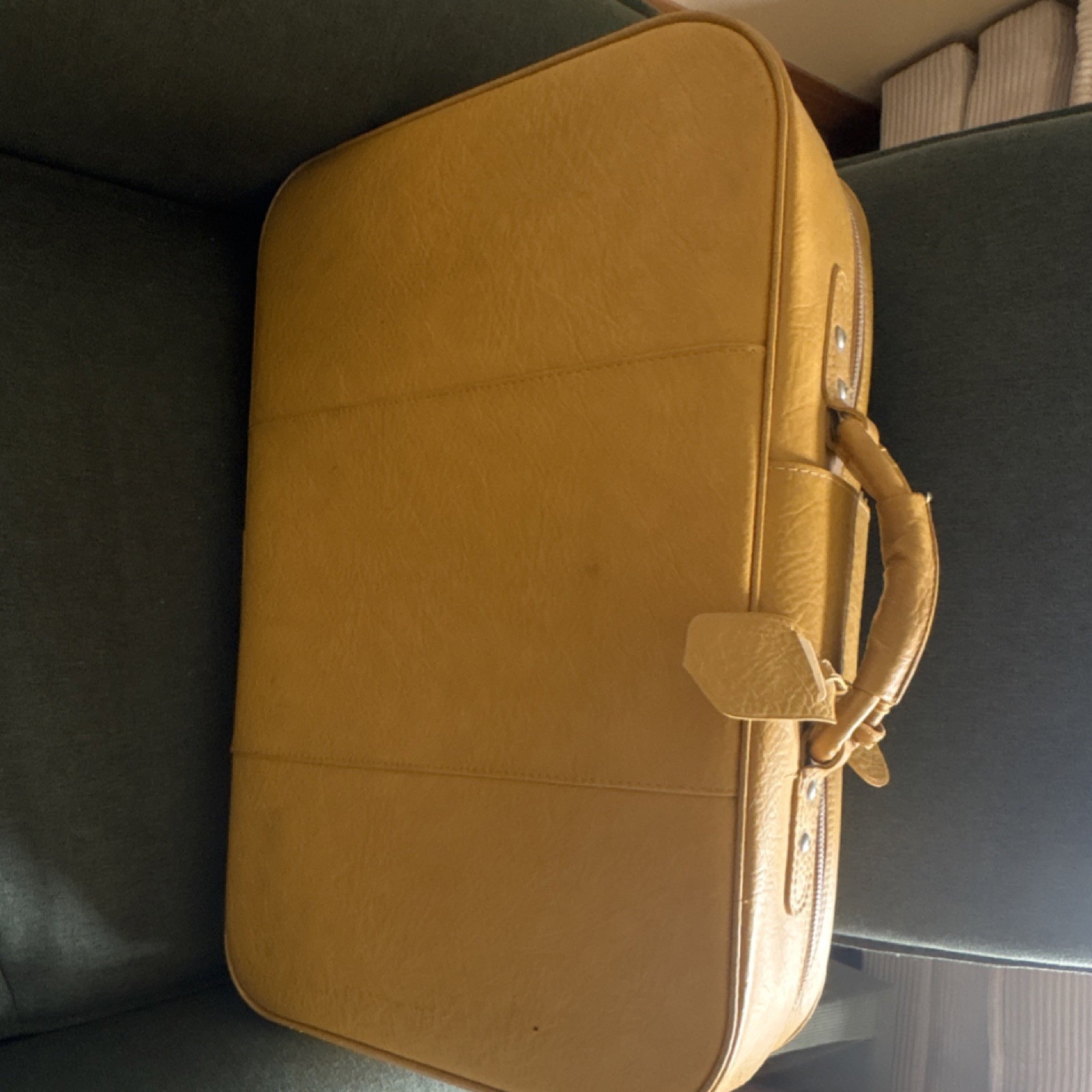 Vintage Yellow Faux Leather Hard Suitcase with Lock, Tie-Down Straps