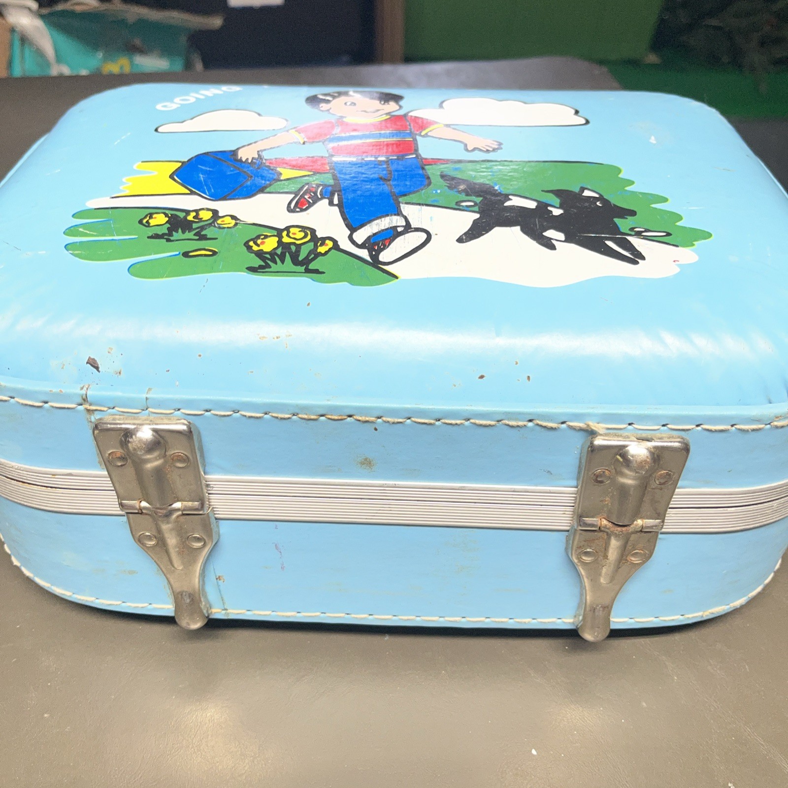 Vintage 1960s Blue Hard Shell Child’s Suitcase “Going to Grandma’s” w/ Boy & Dog