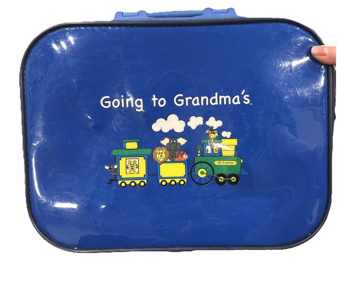 VTG Blue Going to Grandmas Kids Suitcase Mercury Luggage Animal Circus Train SEE