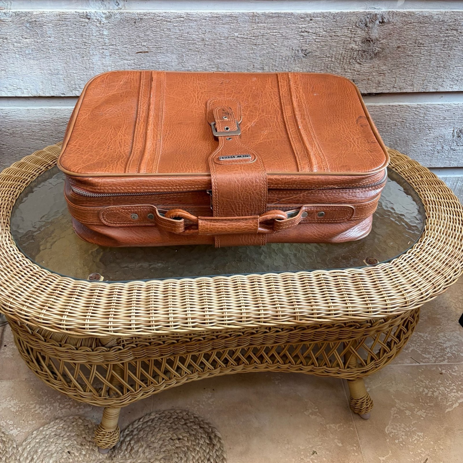 Vintage 1970s New Vista Brown Faux Leather Suitcase with Buckle Detail