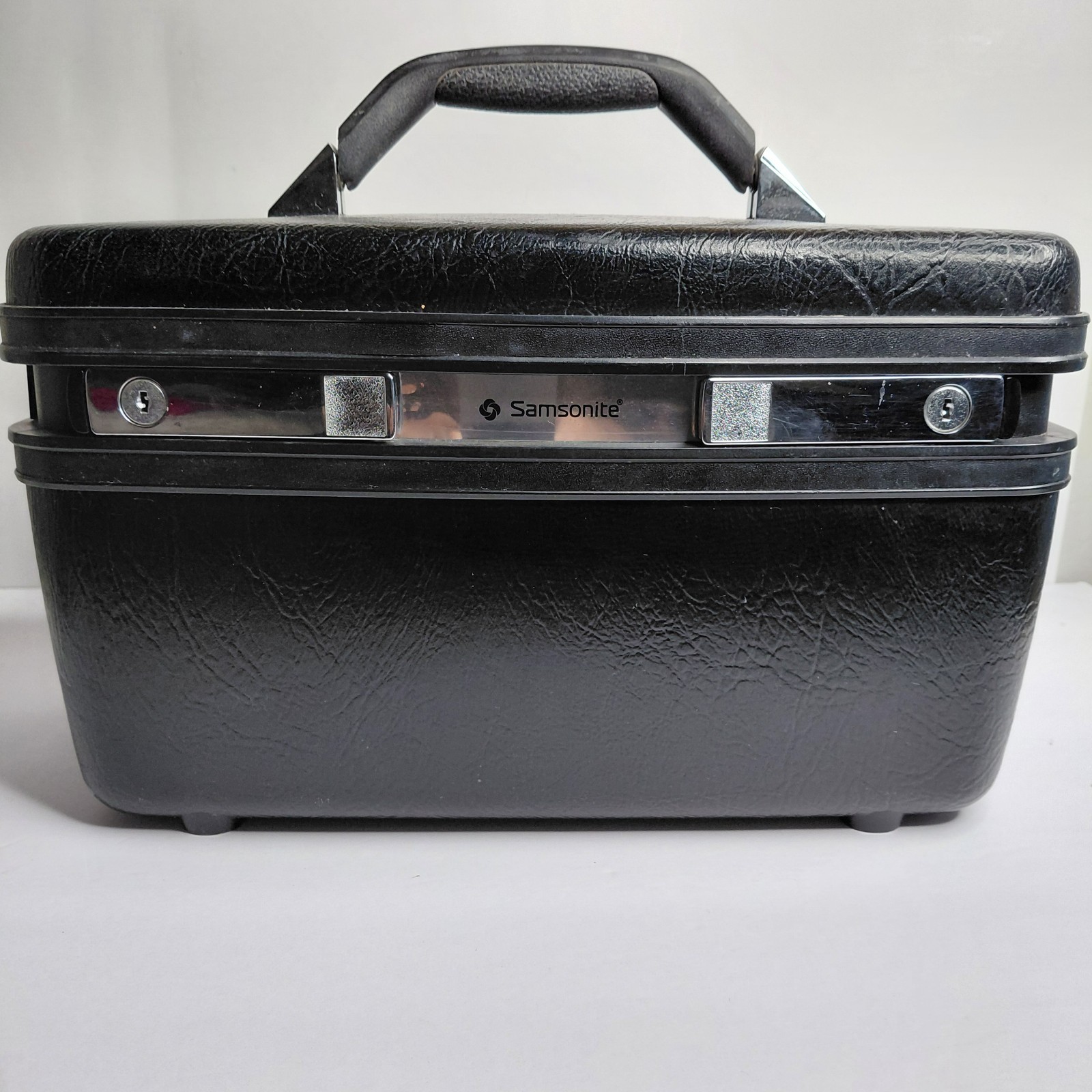 Vtg Samsonite Black Train Case Cosmetic Travel Case w/ Handle & Locking Latch