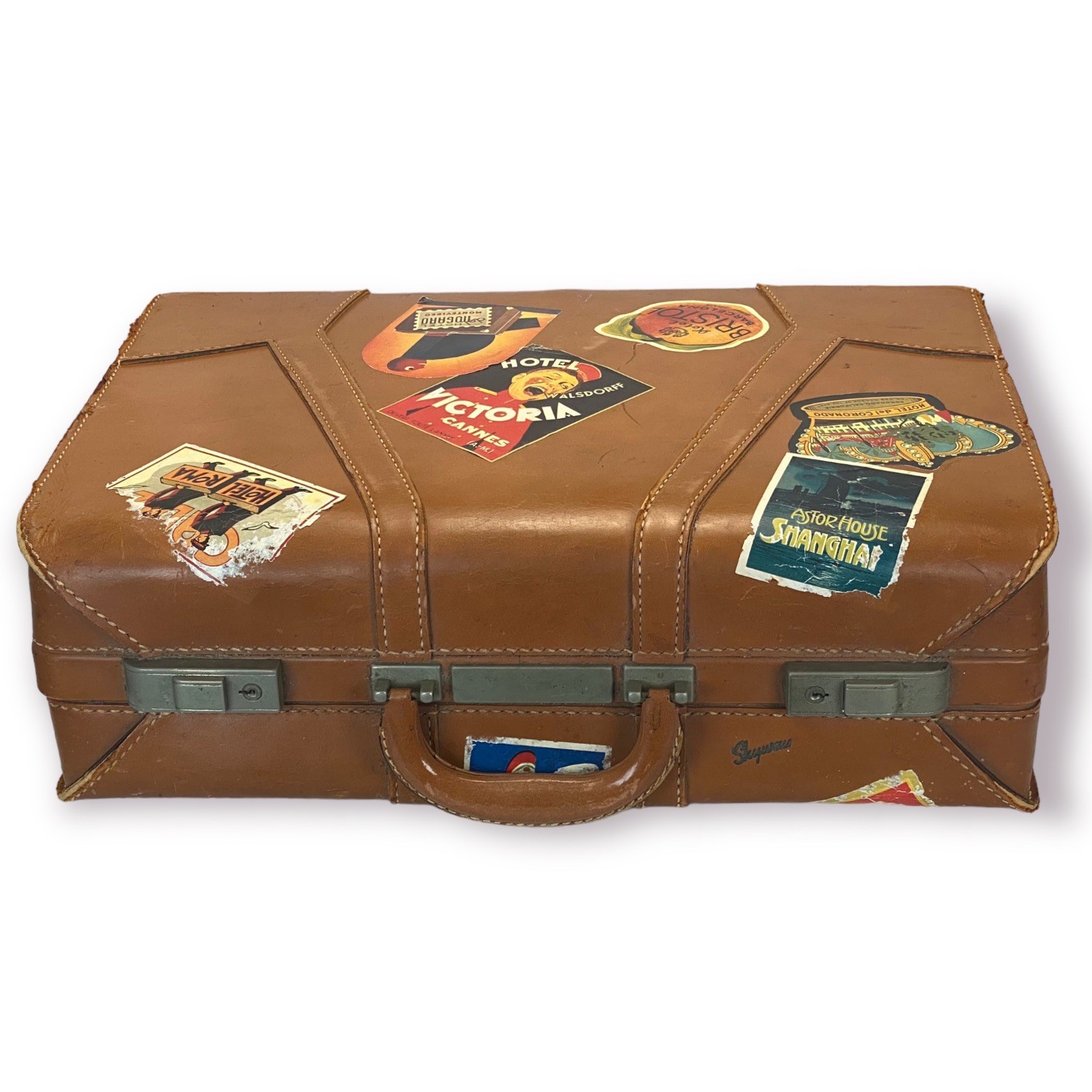 Vtg Skyway Suitcase w Travel/ Luggage Labels: Hotel Victora Cannes, Paris Ritz