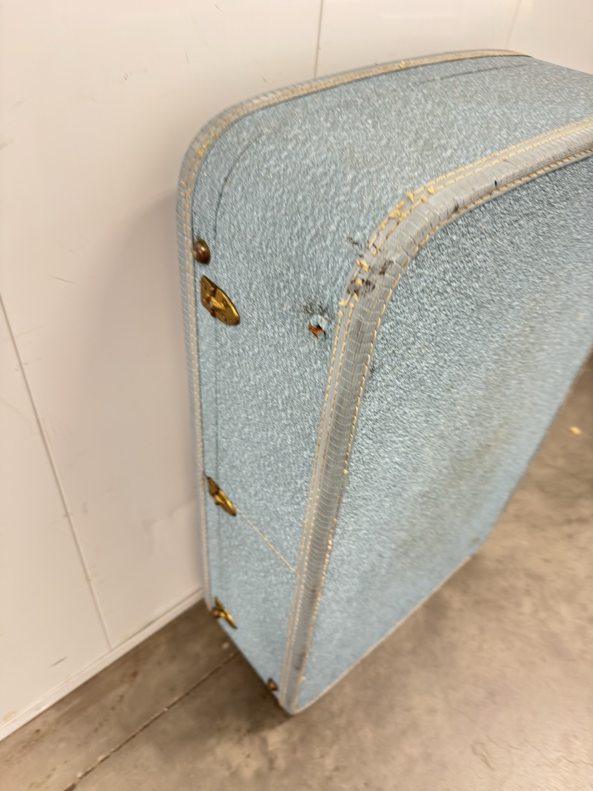 Vintage Jet Star Blue Suitcase Luggage w/ Pink Satin Interior Mid Century