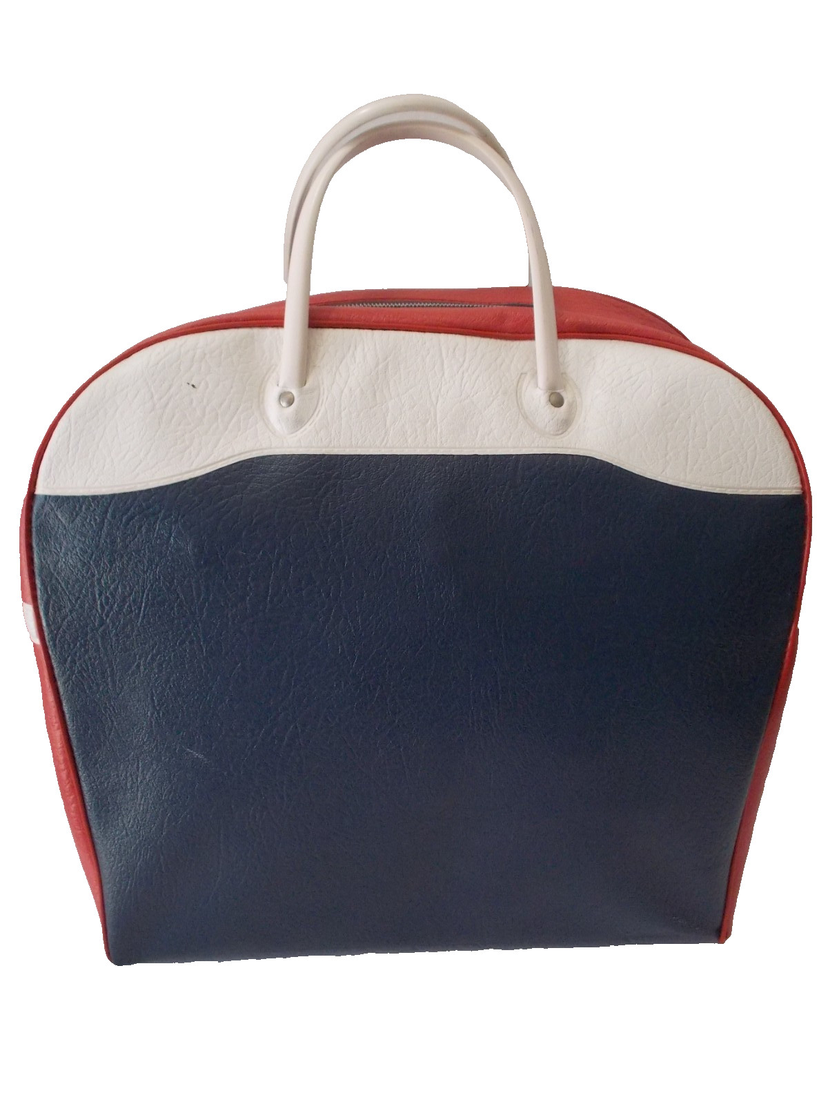 VTG 1960’s Red White Blue LARGE Faux Leather Zip Top Handle Travel Bag Luggage