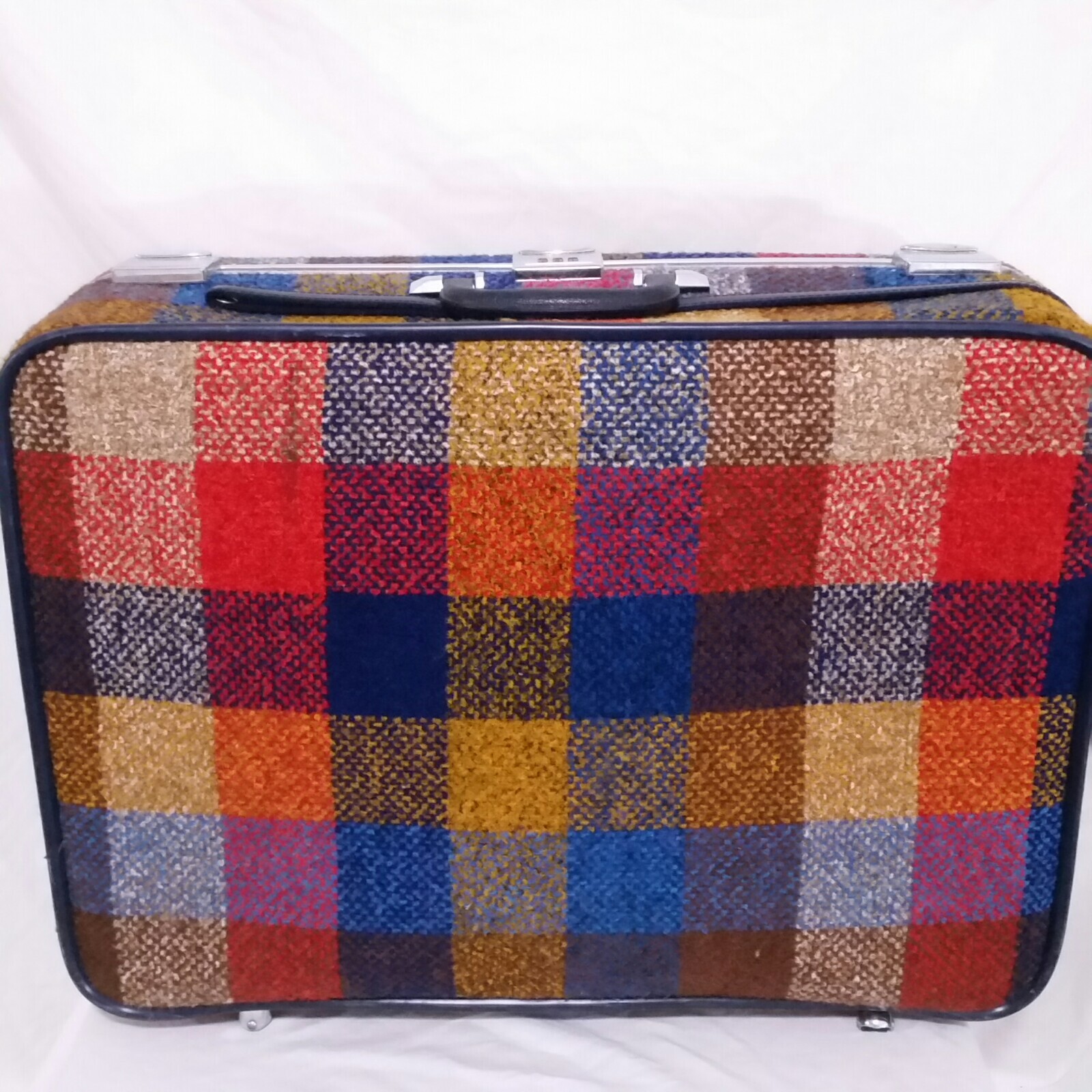 Vintage Skyway Luggage Set Plaid Suitcase Garment Shoulder Bag 70s Tweed Travel
