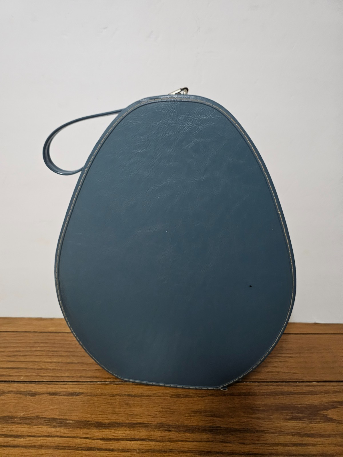 Vintage Train Case Suitcase Oval Teardrop Egg Shape Blue Zipper Closure Handle