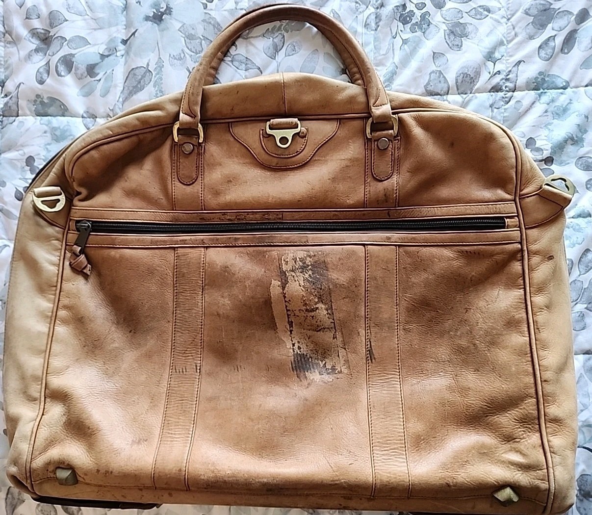 Vintage Leather Garment Bag Travel Suiter – Monogram J.T.H. – Brass Hardware..