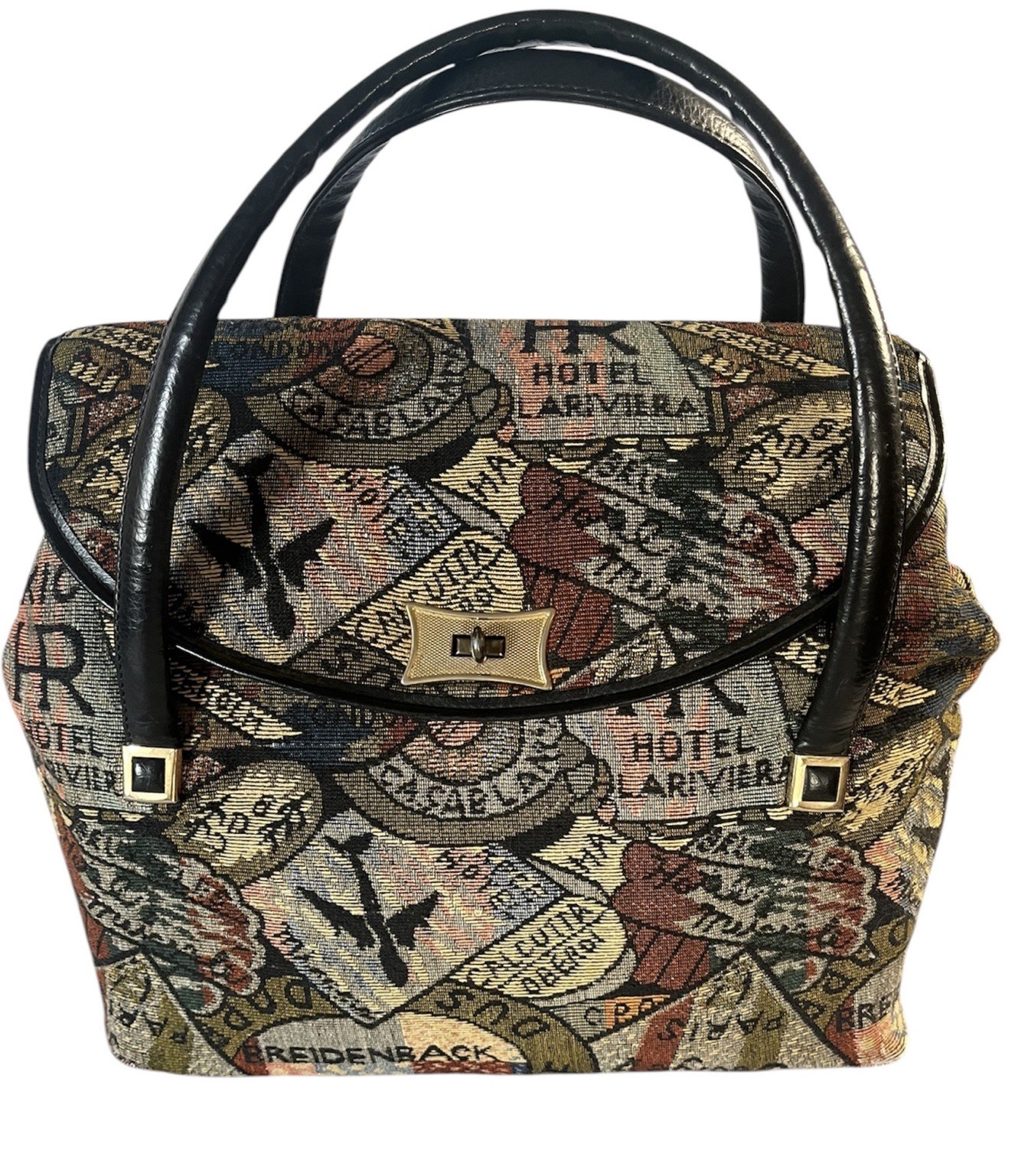Vintage Tapestry Worldly Traveler Luggage Tote Bag EUC