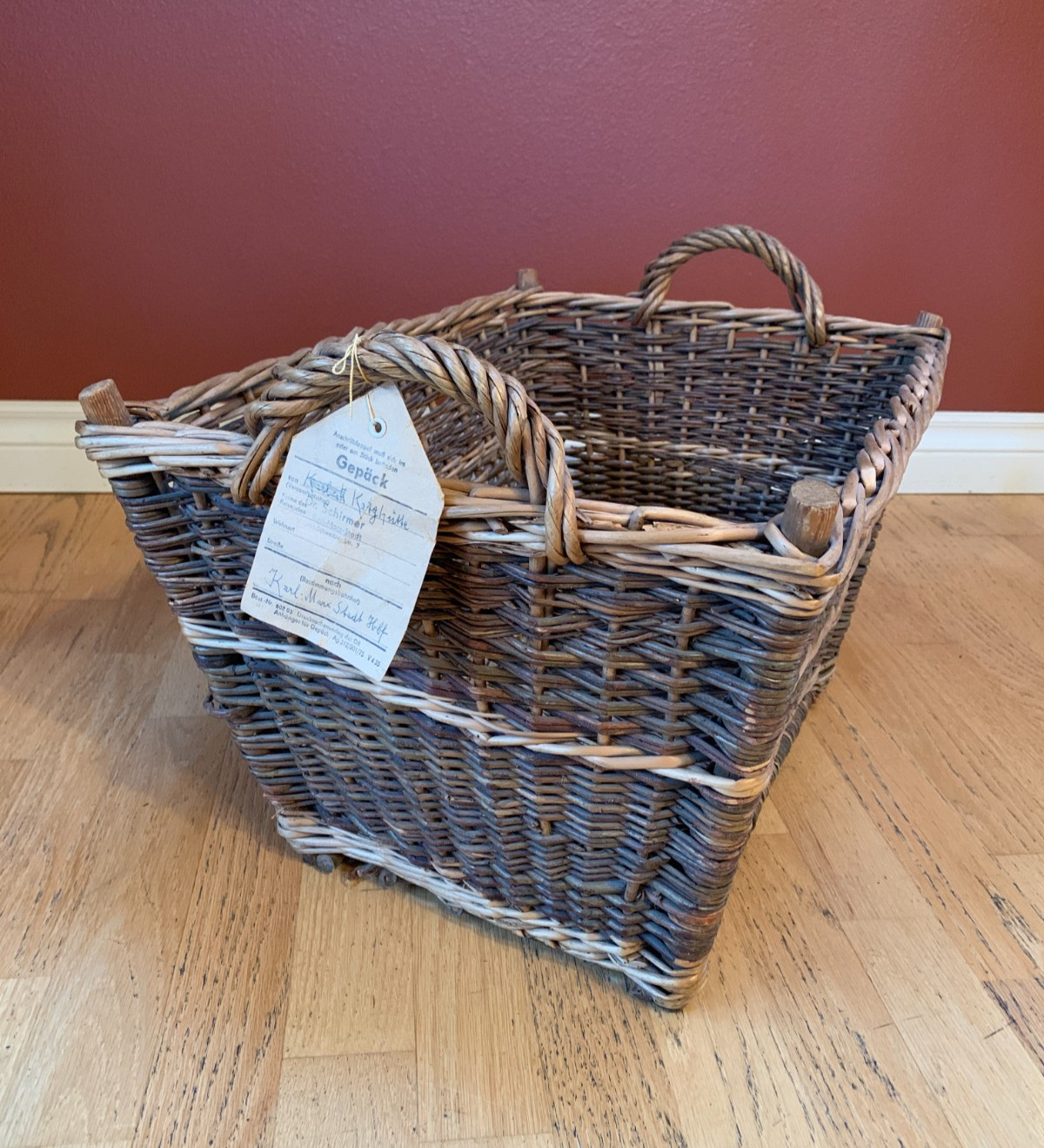 Vintage Woven Basket w/ Original Deutsche Reichsbahn Luggage Tag Karl‑Marx‑Stadt