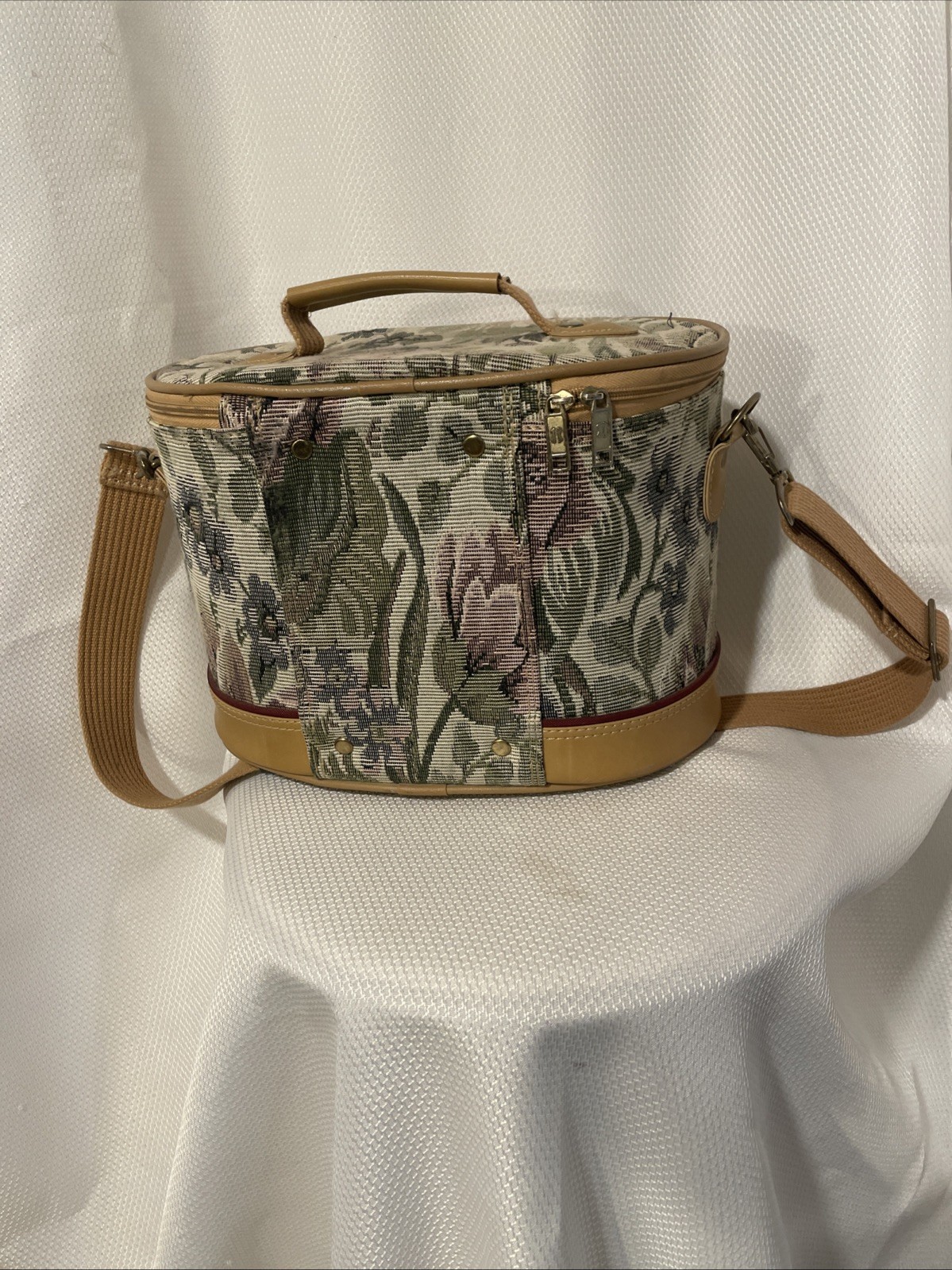 Vintage American Tourister Train Case Floral Tapestry Oval Makeup Bag Travel