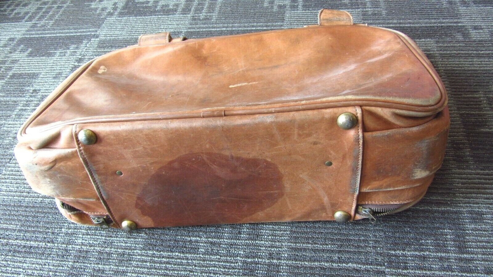 Vintage Leather Luggage Rustic Suitcase Over Night Tan Buckles Display Décor