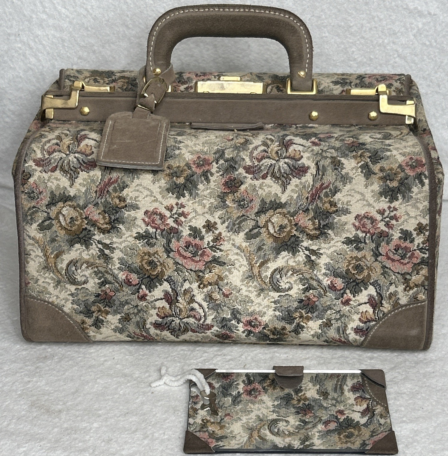 French Luggage Co. Toiletry Jointed Bag Floral Rose tapestry Vintage Suede w/Key