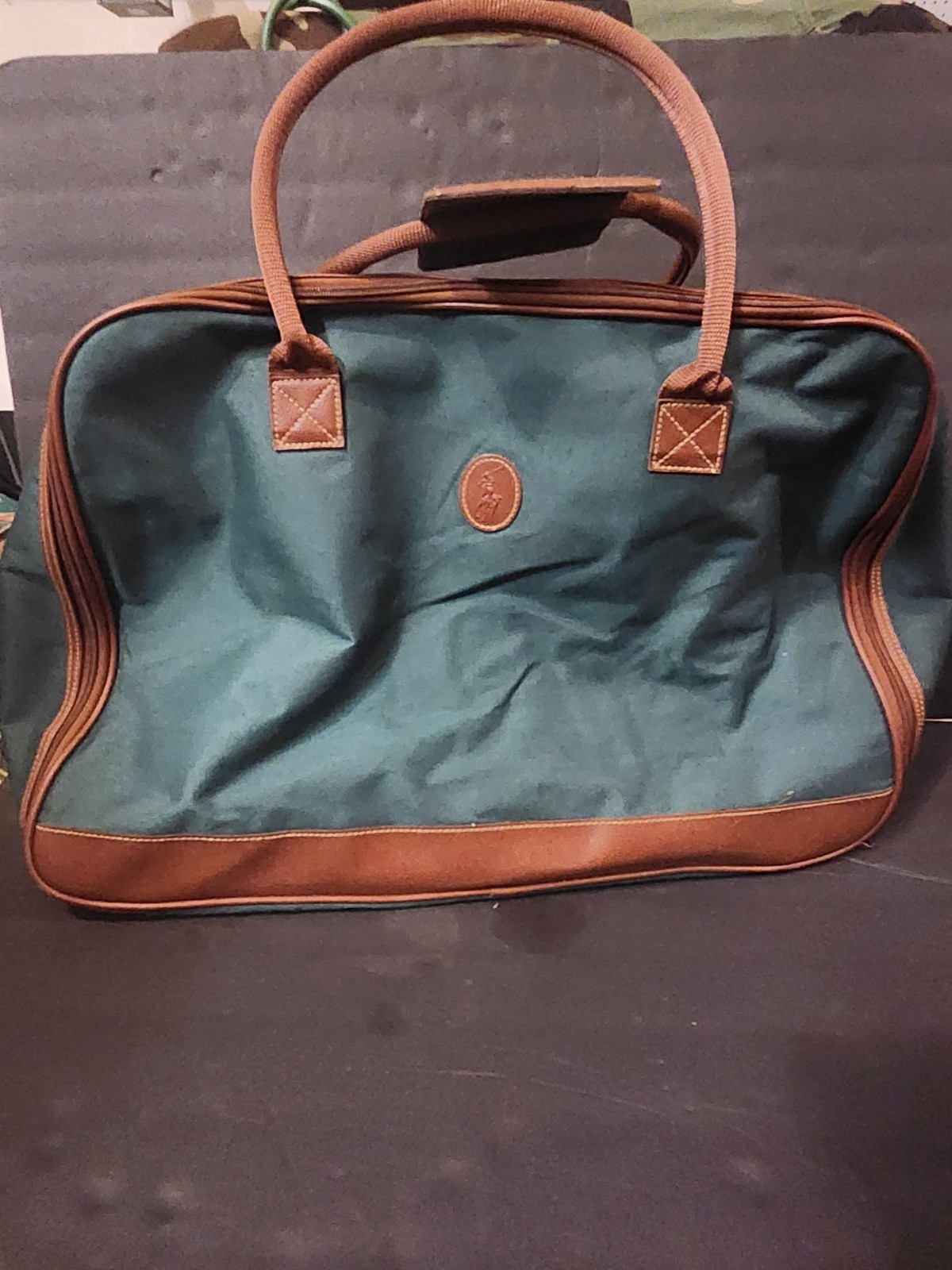 Vtg Polo Ralph Lauren 2pc Travel Bag Set Green Canvas Duffel Messenger Luggage