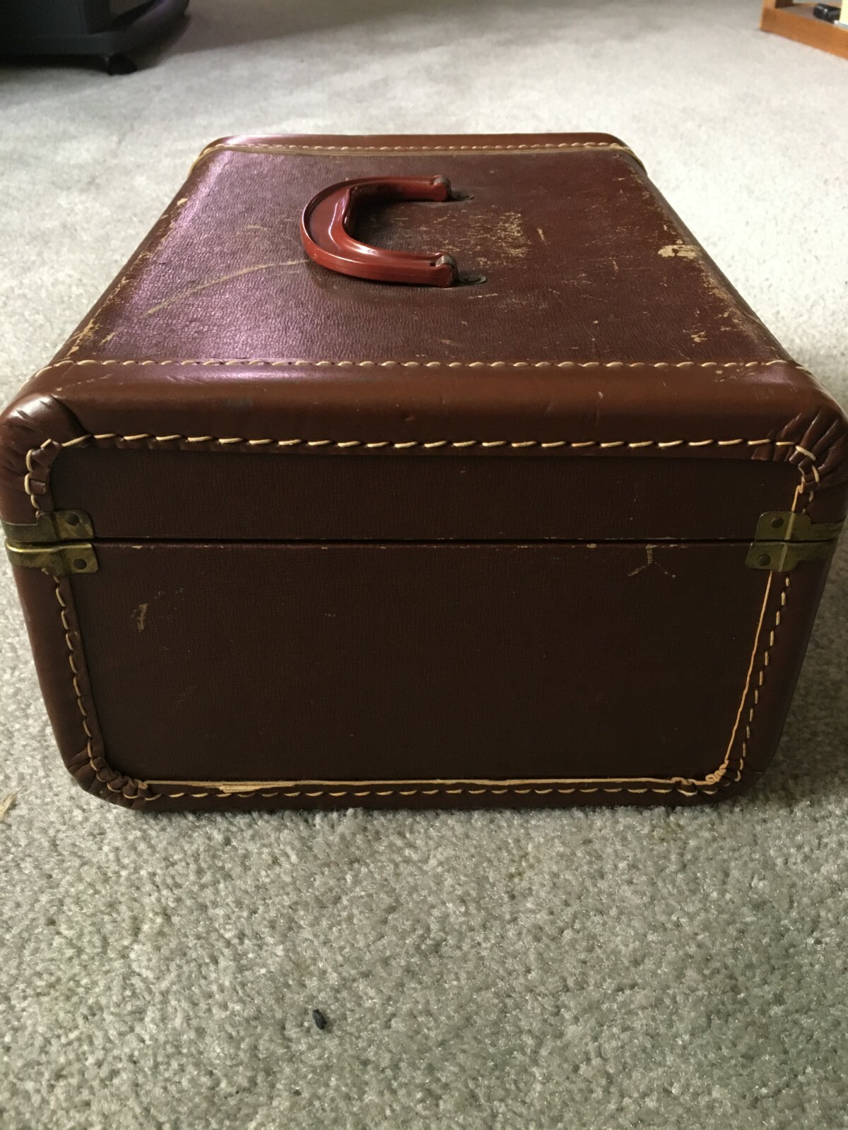 Vintage Hard Wood Contact Paper Train Case Cosmetic Luggage Suitcase with Mirror