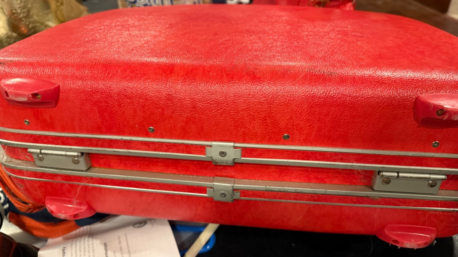 Vintage Samsonite Strawberry Red Suitcase & tote Carry On Bag seen Palm Royale