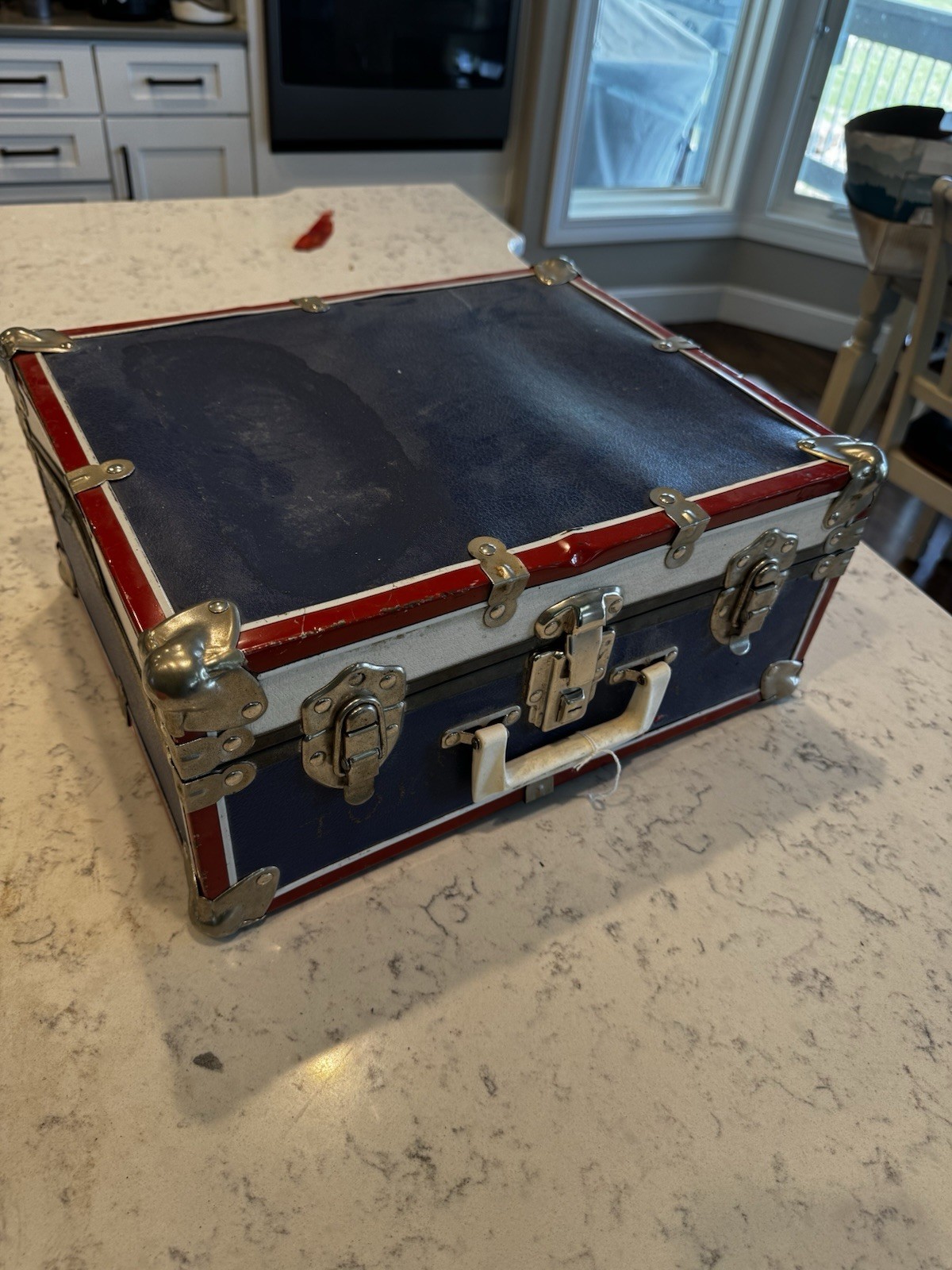 Vtg Hard Case Suitcase Luggage Stage Prop Travel Clown Red White Blue USA MCM