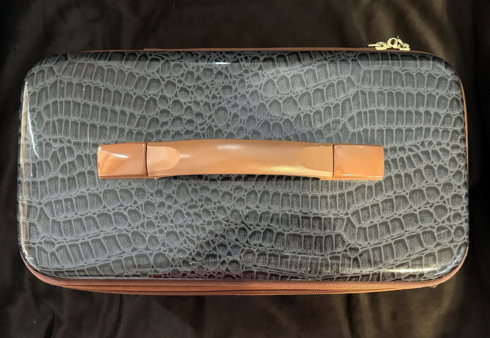 Samantha Brown Hard-sided Train Case Black & Grey w/ Brown Trim 14 x 8 x 8”