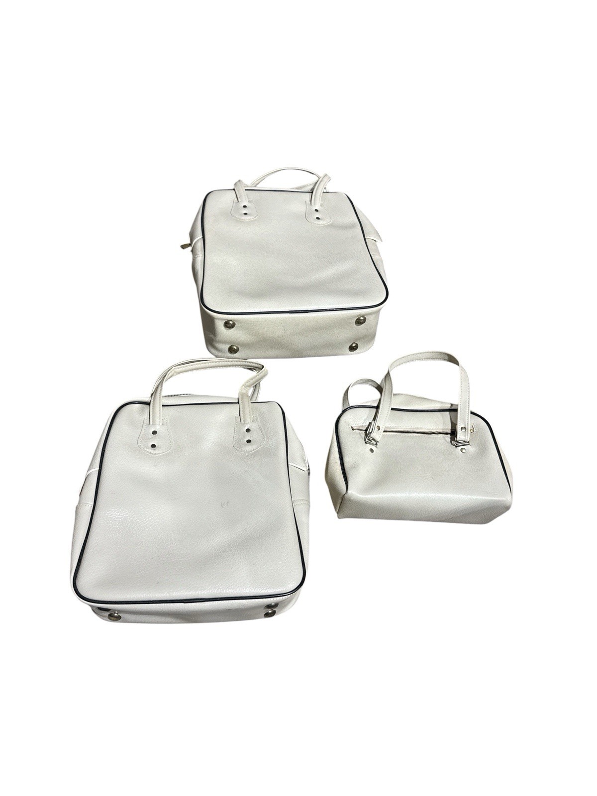 Vintage Faux Leather Eggshell Vinyl Three Piece Carry On Travel Bags Luggage Bag