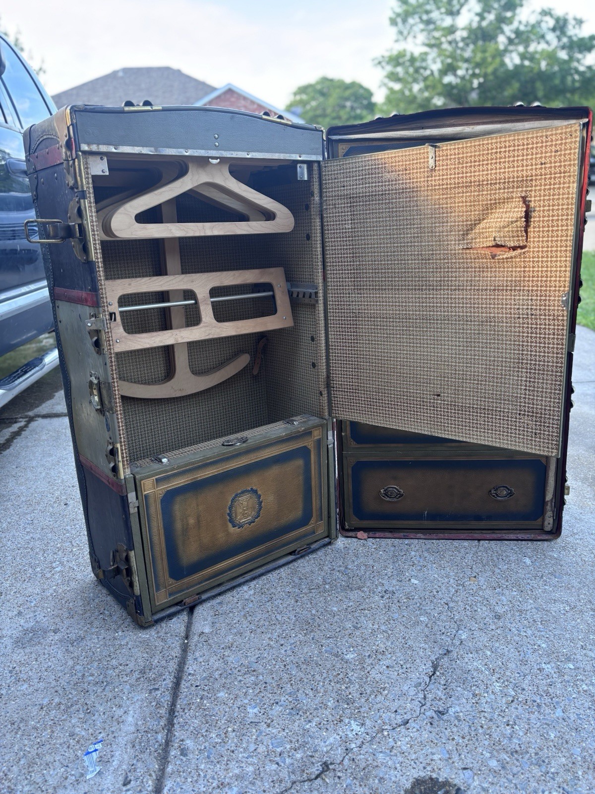 True Vintage 1920s Hard Leather Wardrobe Trunk w/ Drawers, Hangers Brown