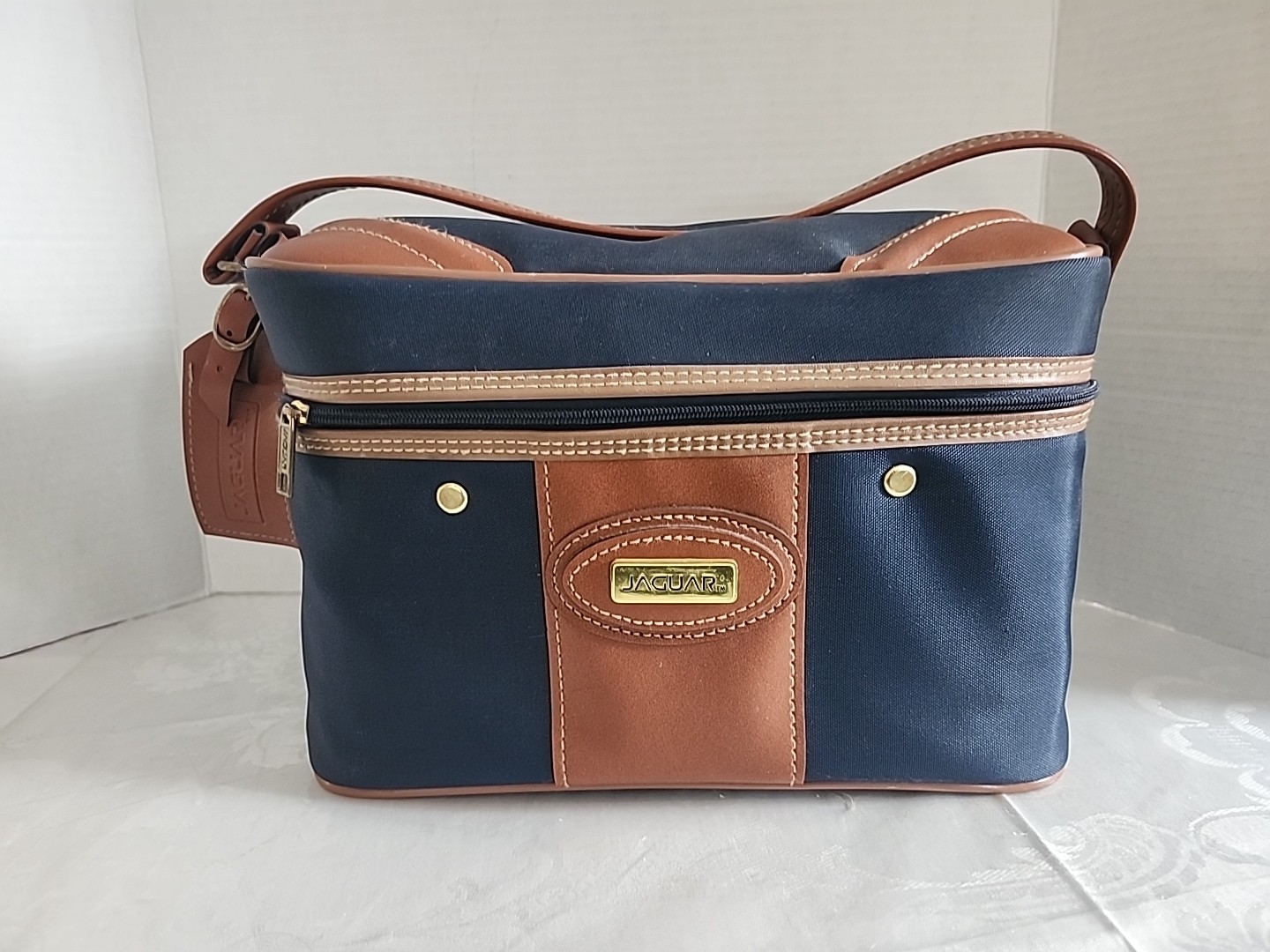 vintage Jaguar navy blue nylon and brown leather trim train case Cosmetic bag