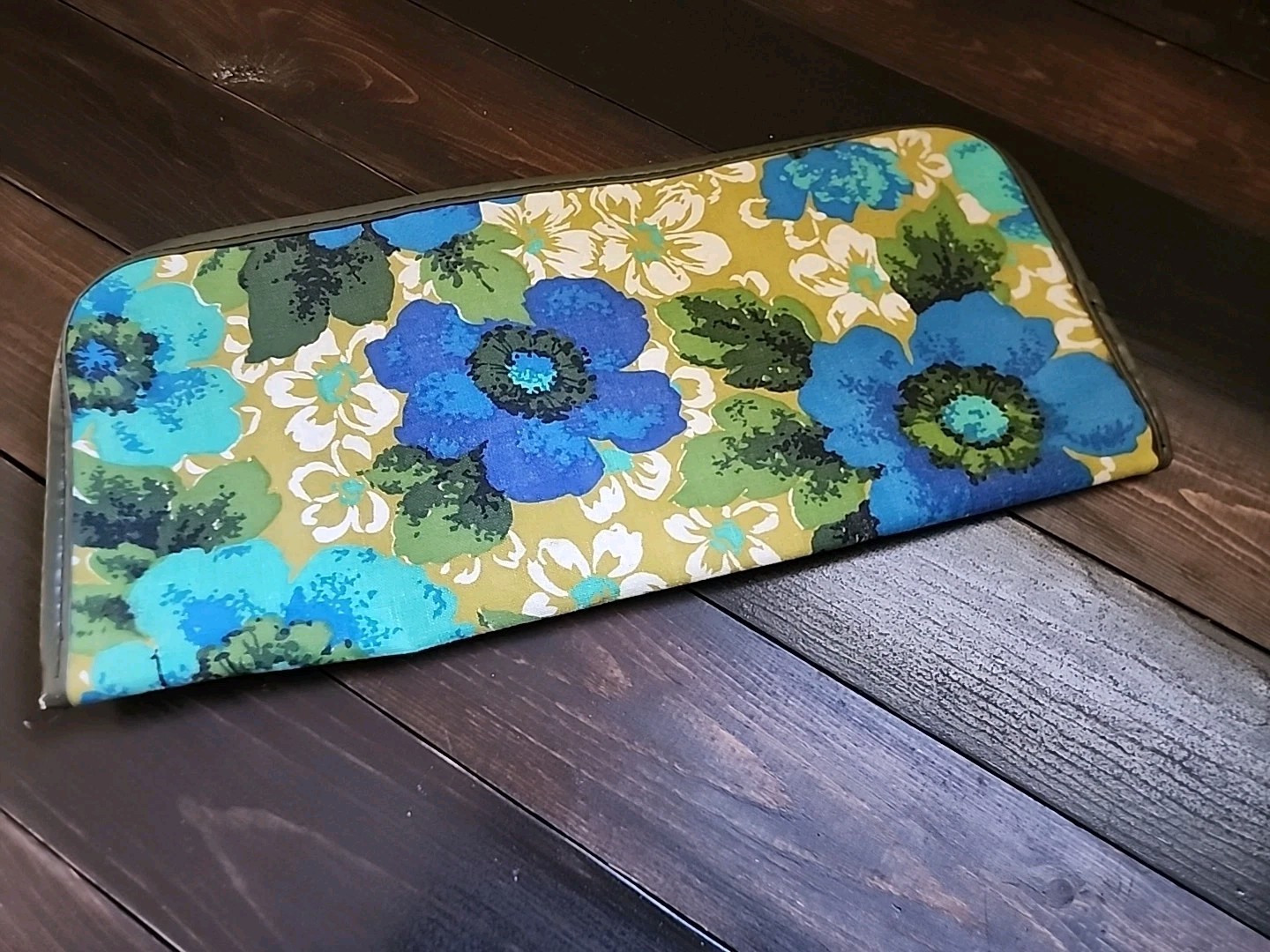 Vintage Blue Green Floral Canvas Travel Bag Jewelry Accessories Flower Power 60s