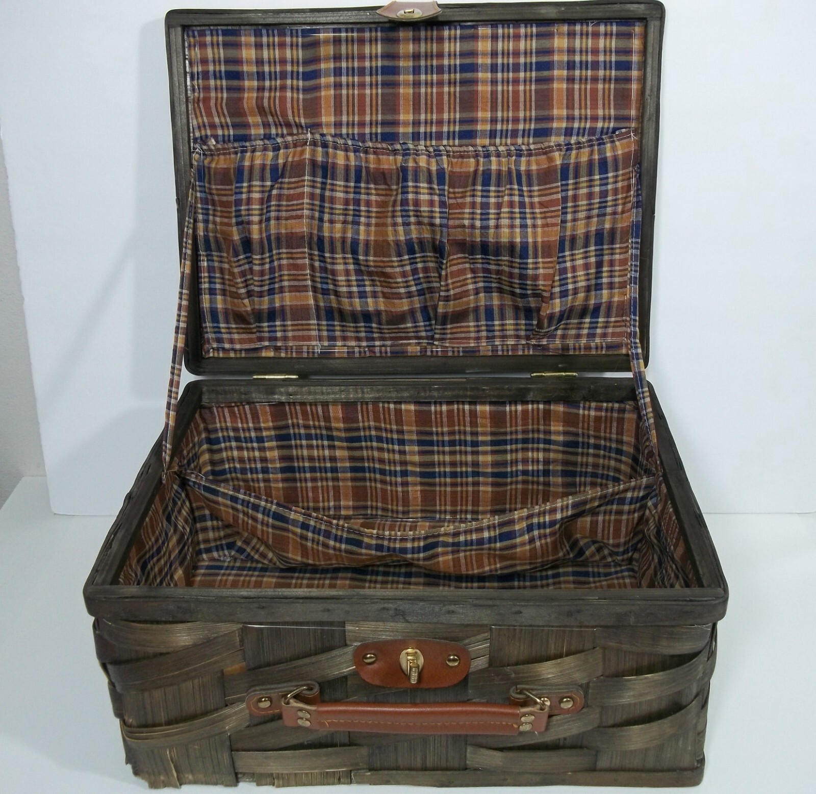 Wide Split Bamboo Suitcase Overnight Bag Carry On Leather Handle & Closure Strap