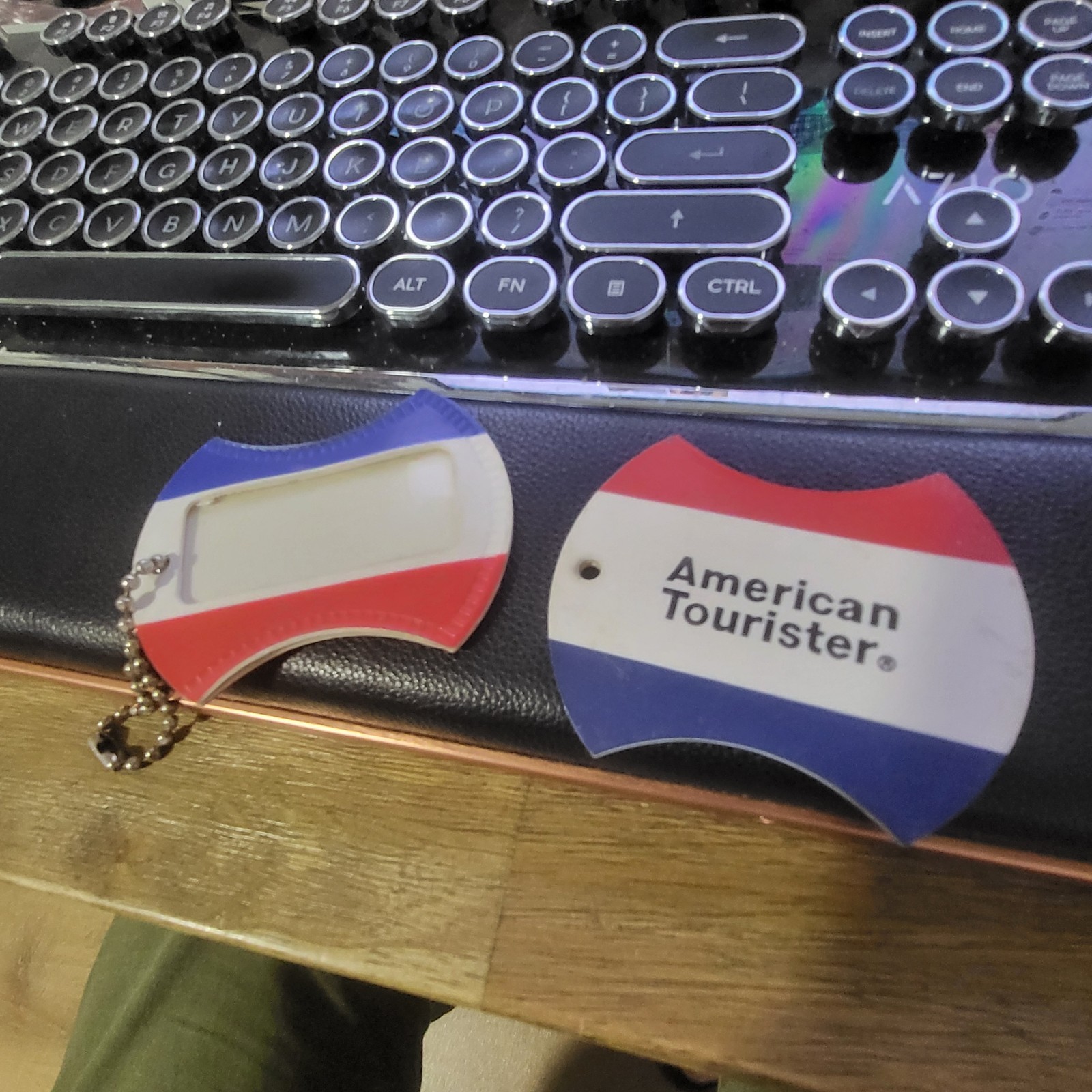 VINTAGE AMERICAN TOURISTER LUGGAGE TAGS RED WHITE BLUE SET OF 2