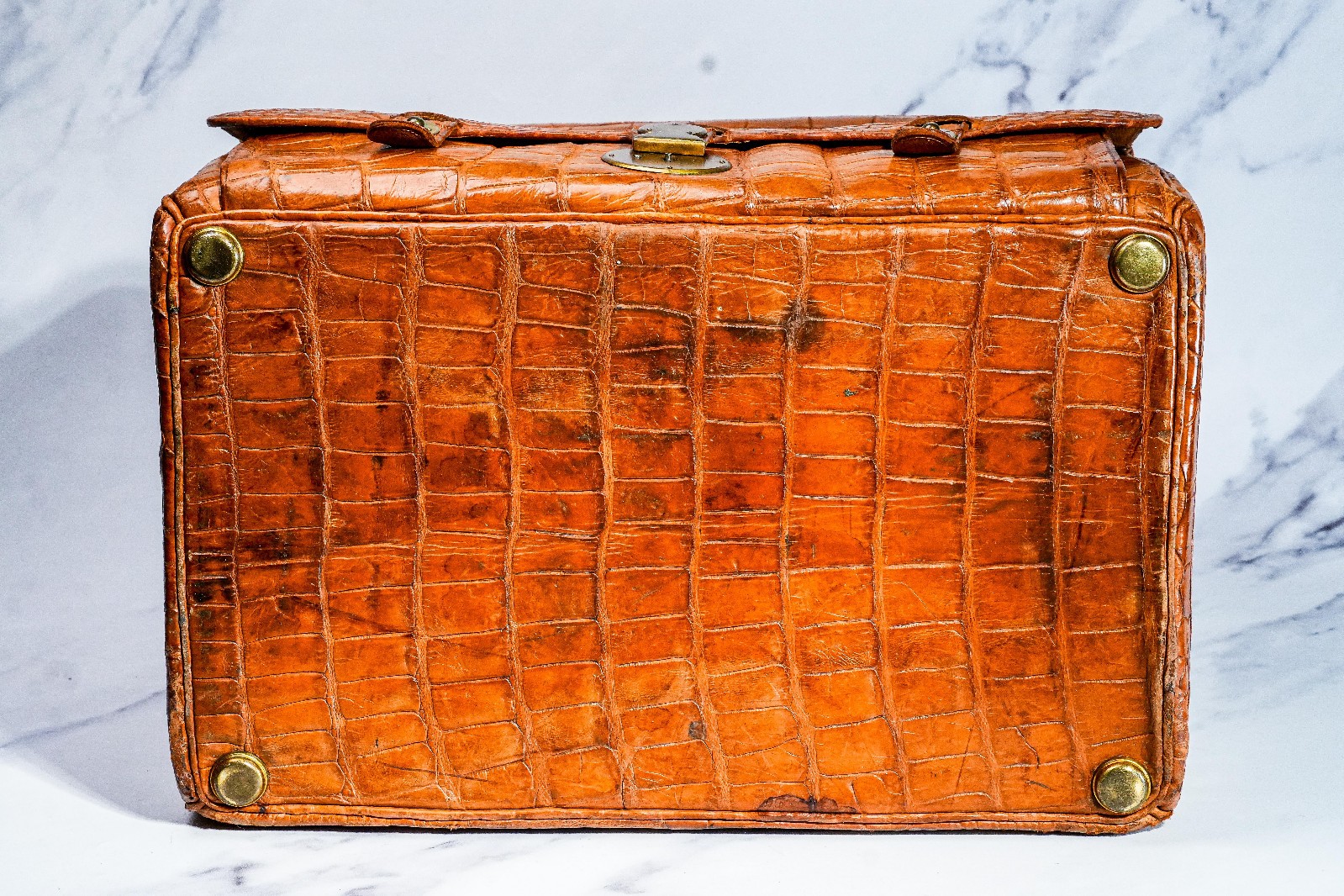 Edwardian Antique Crocodile Leather Gladstone Bag Travel Suitcase
