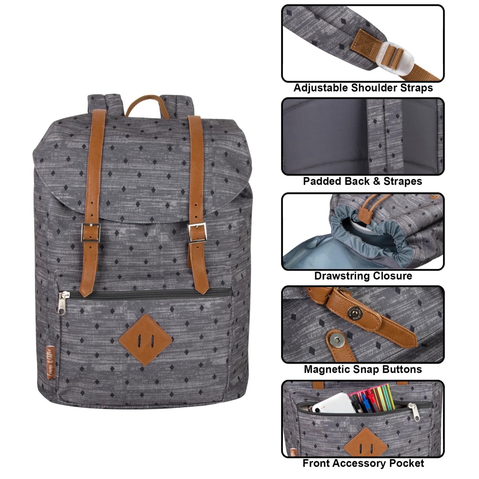 Gray Geometric Backpack Faux Leather Strap Casual Travel Bag