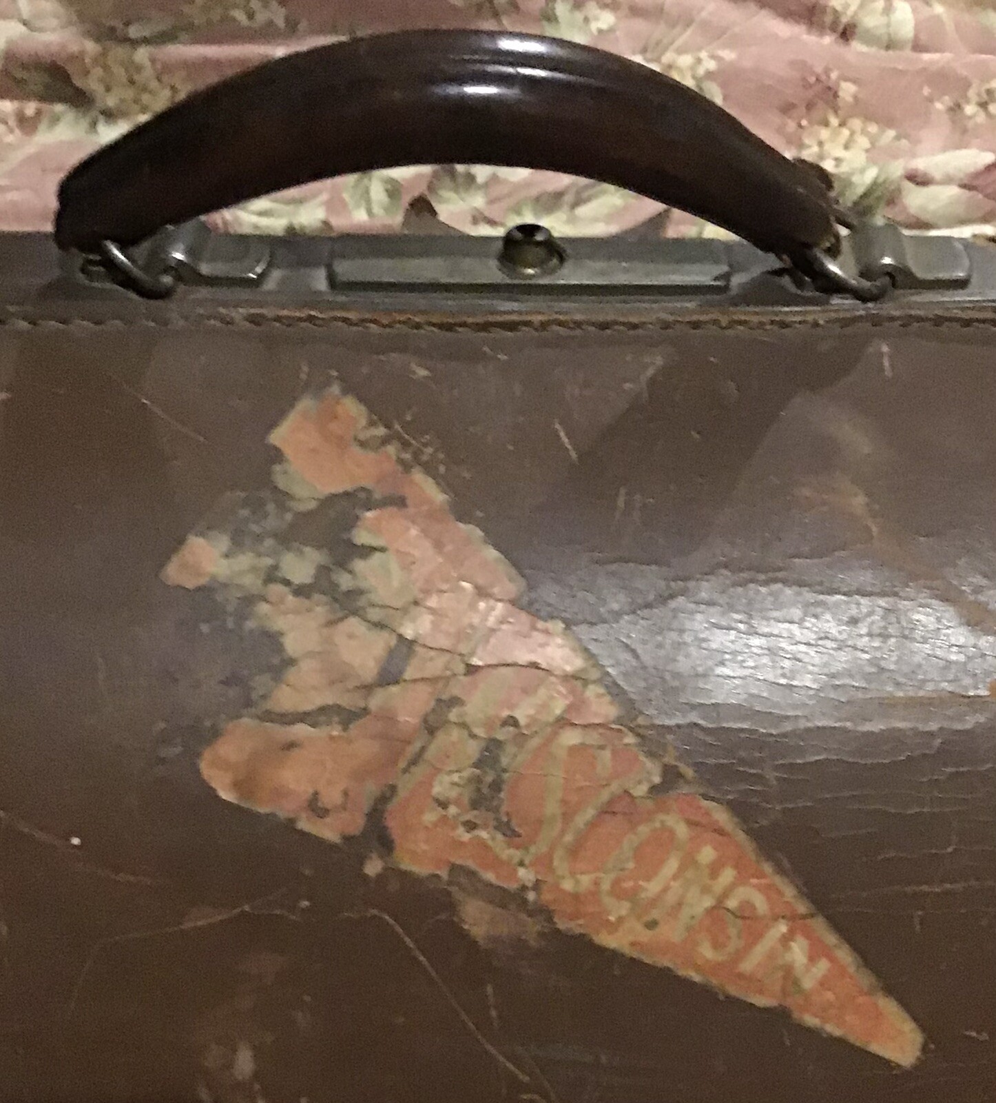 Vintage Antique Cooks Hand Luggage Satchel Leather Wisconsin Sticker With Key