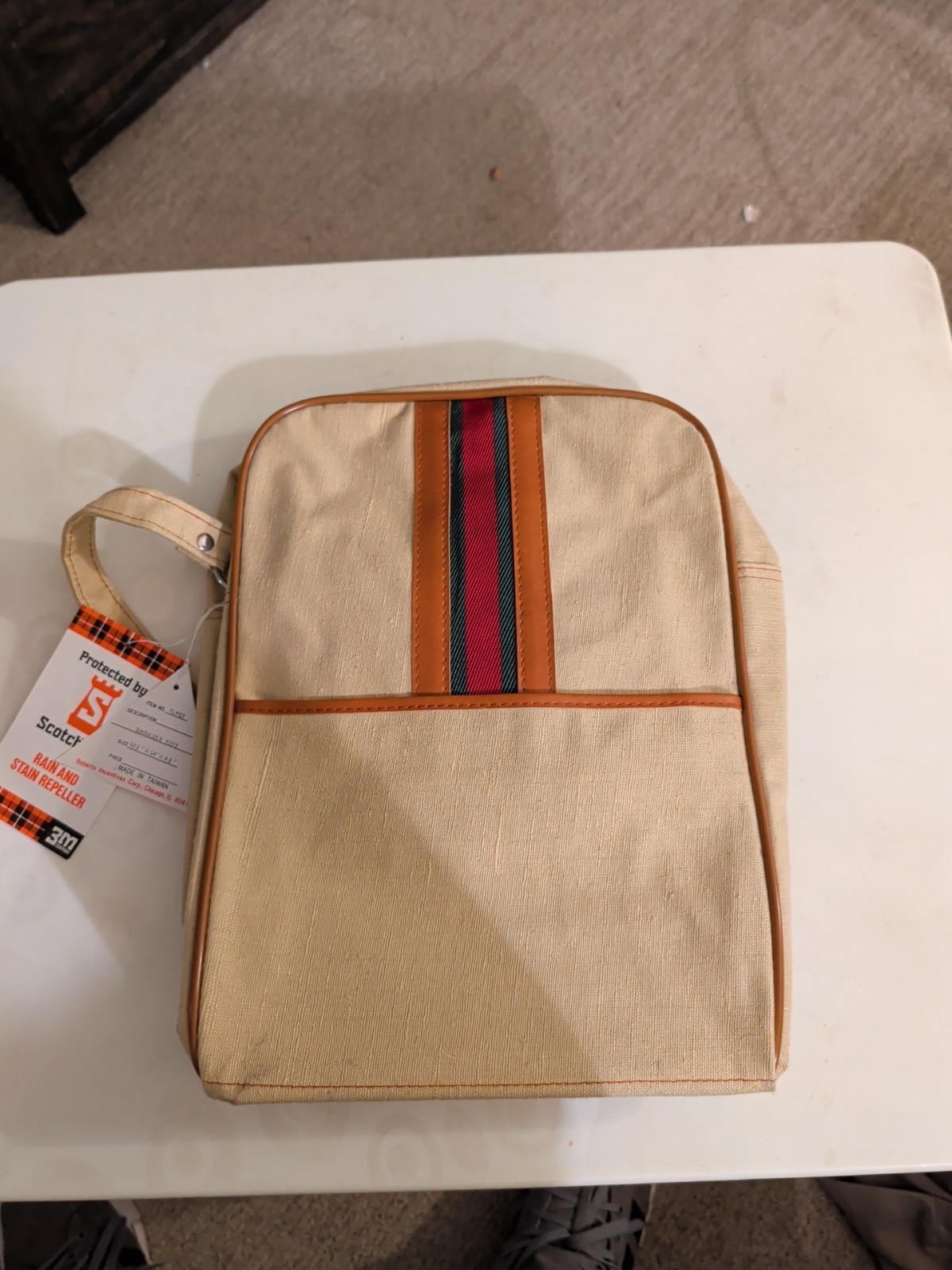 Mr. Roberts Vintage Tan Carry On Travel Bag – Green Red Stripe NEW WITH TAGS