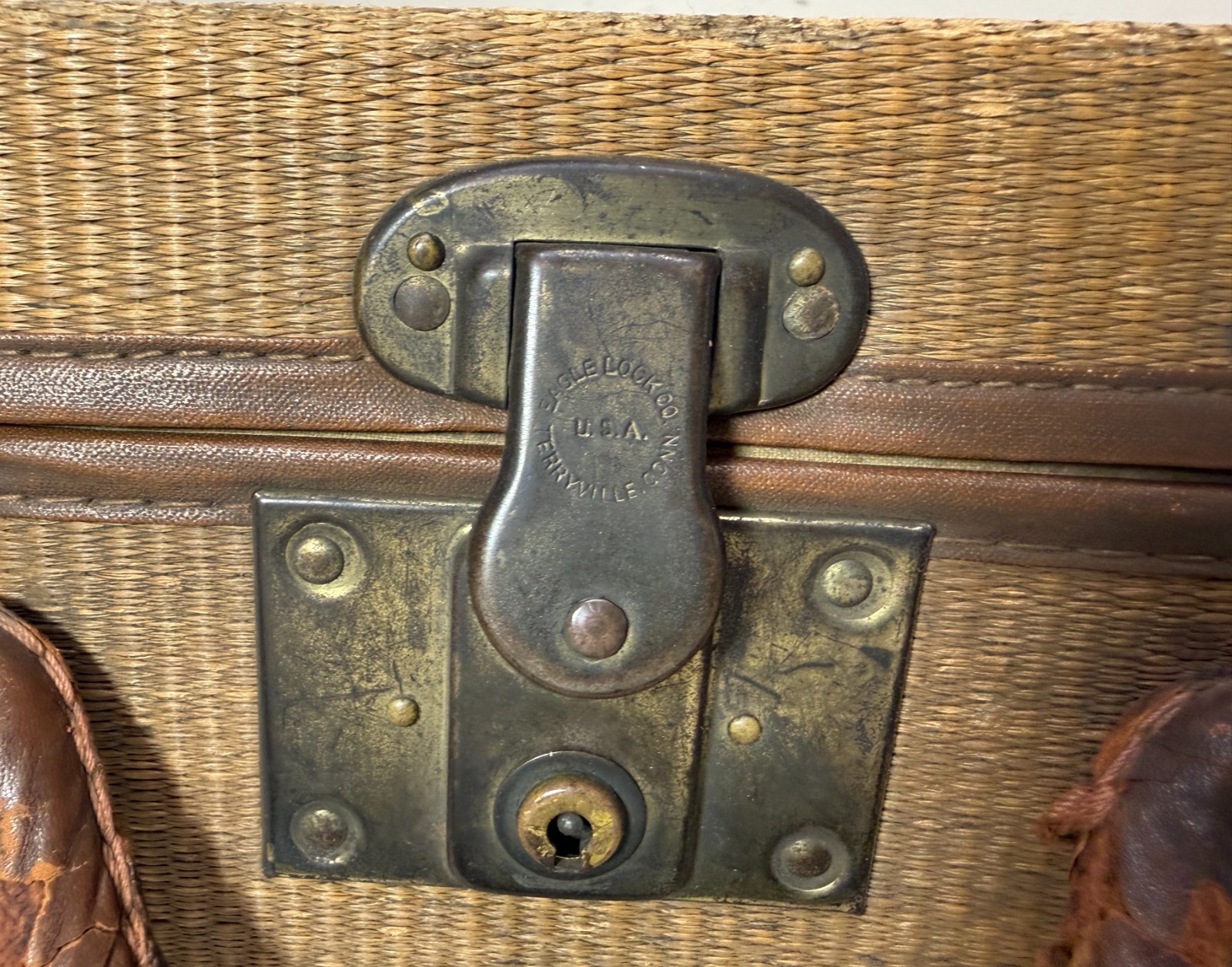 rare antique 19th century handmade woven wicker leather brass travel suitcase