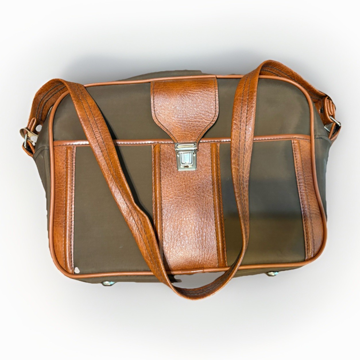 Vintage 1970s Vinyl & Faux Leather Carry-On Flight Bag – Brown & Tan Travel Bag