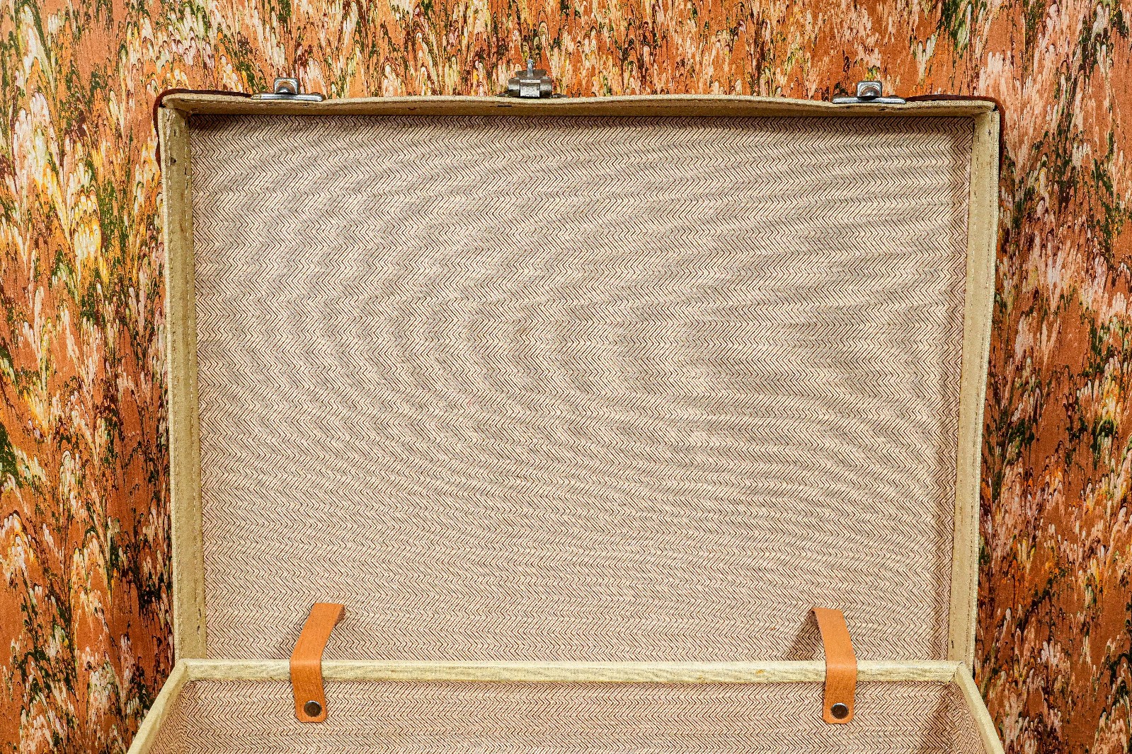 Neat 1930s Travel Trunk Luggage Suitcase Antique Leather Travel Decor Prop
