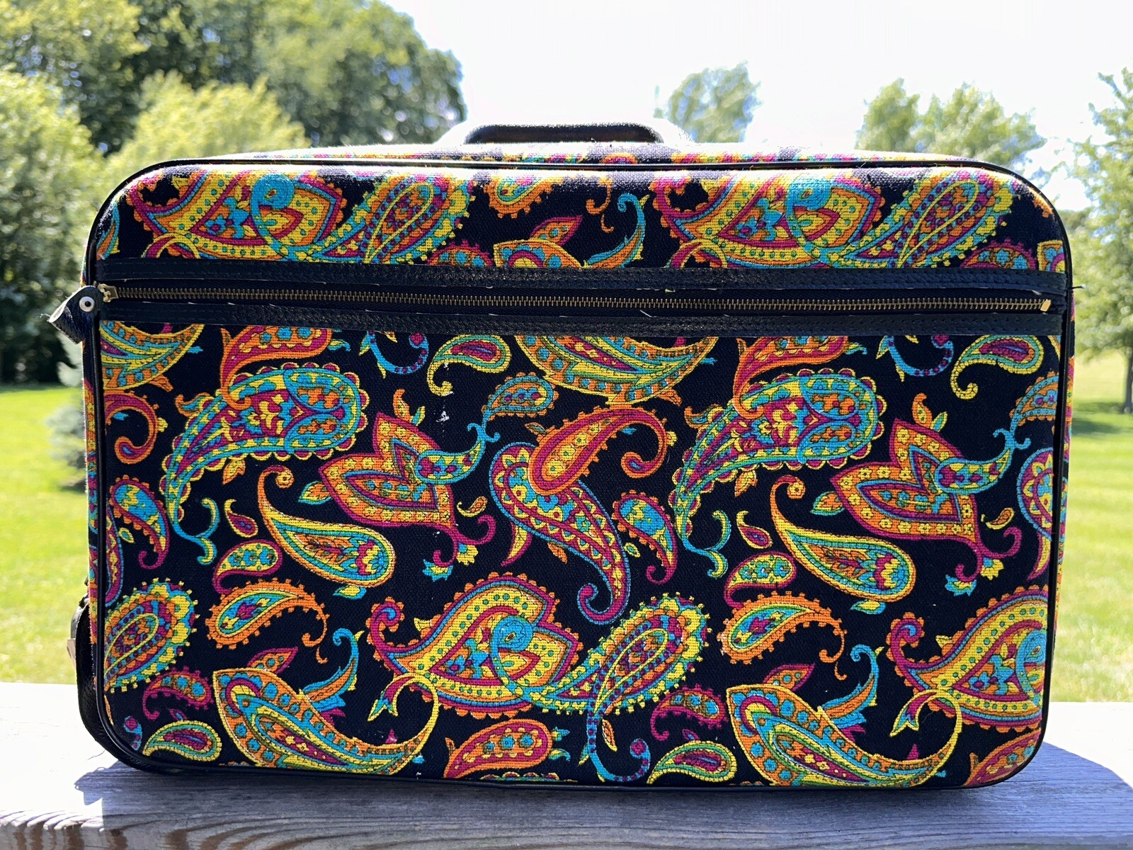Vtg 60s Bantam Travelware Suitcase Luggage Paisley Mod Black Neon Canvas KEY