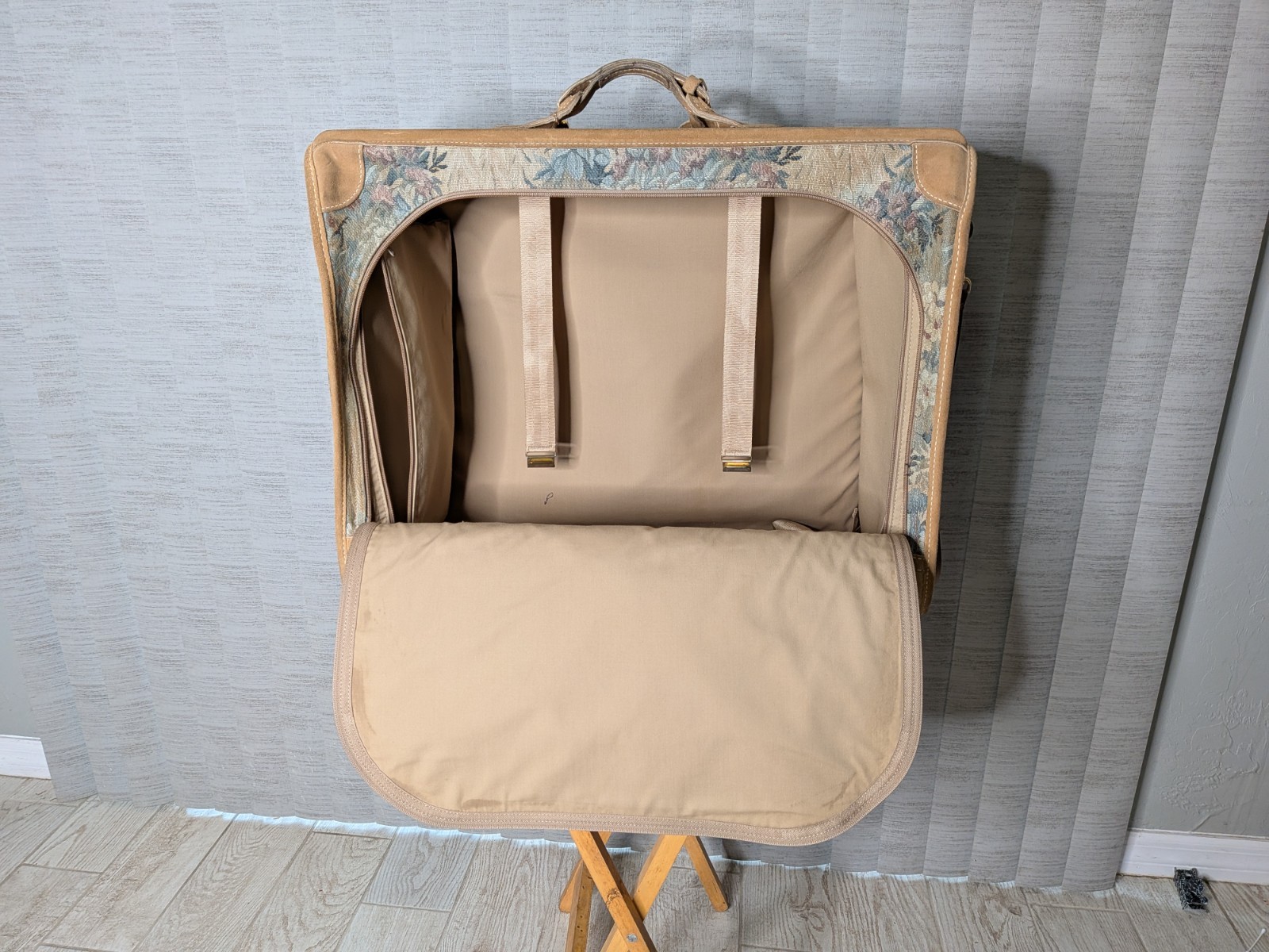 Vintage French Luggage Company Paradise Suede Tapestry Suitcase Made in USA