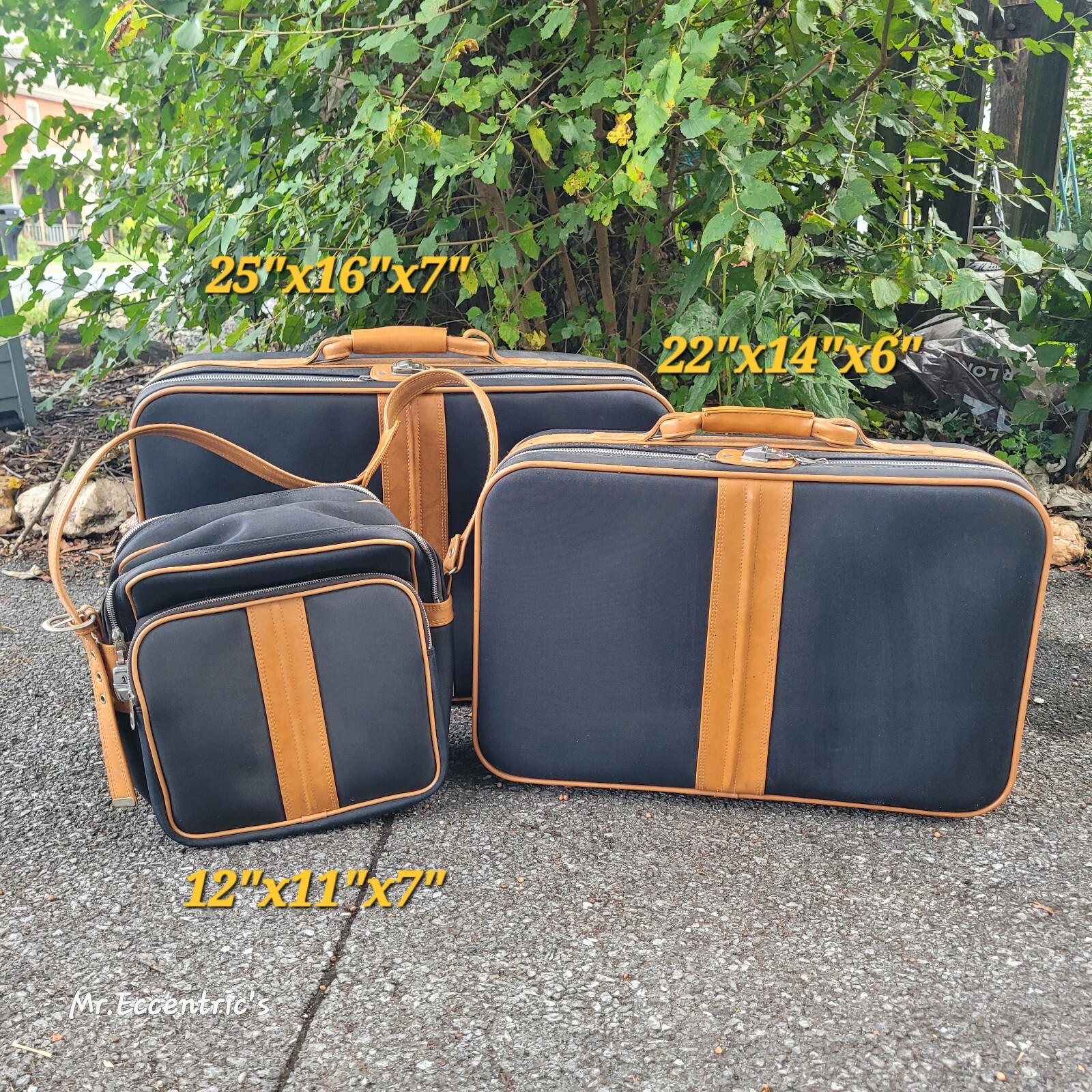 Vtg 1960s 3pc Ambassador Suitcase Set Black Cognac Nylon Canvas Luggage Set Men