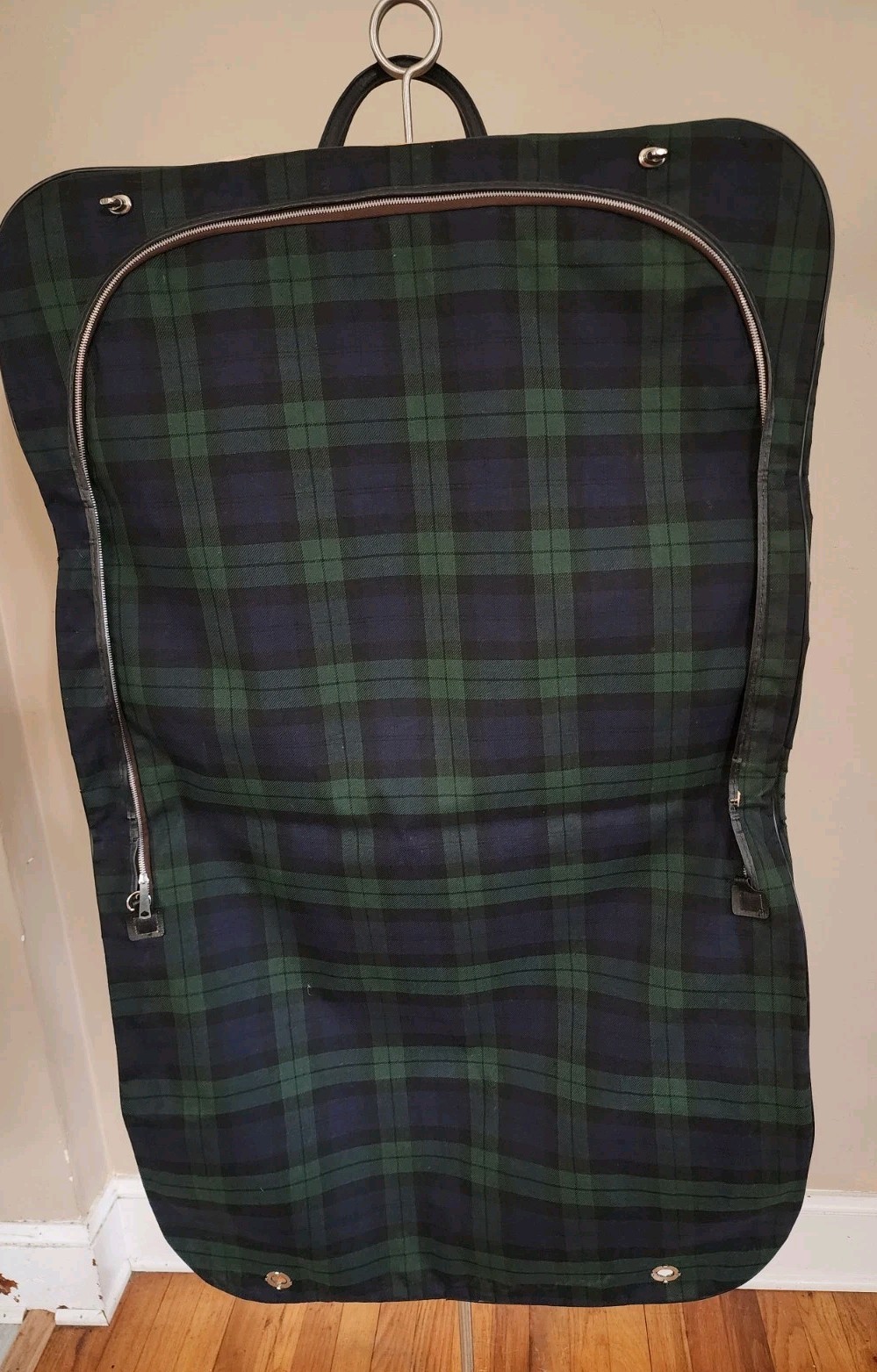Vintage Tartan Garment Suit Bag Navy Green Plaid Hanging Foldable with Zipper