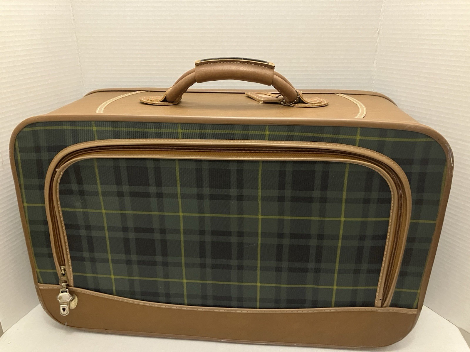 Grasshopper Green Plaid Suitcase Luggage Mid Century Modern Mod Vintage 1960s