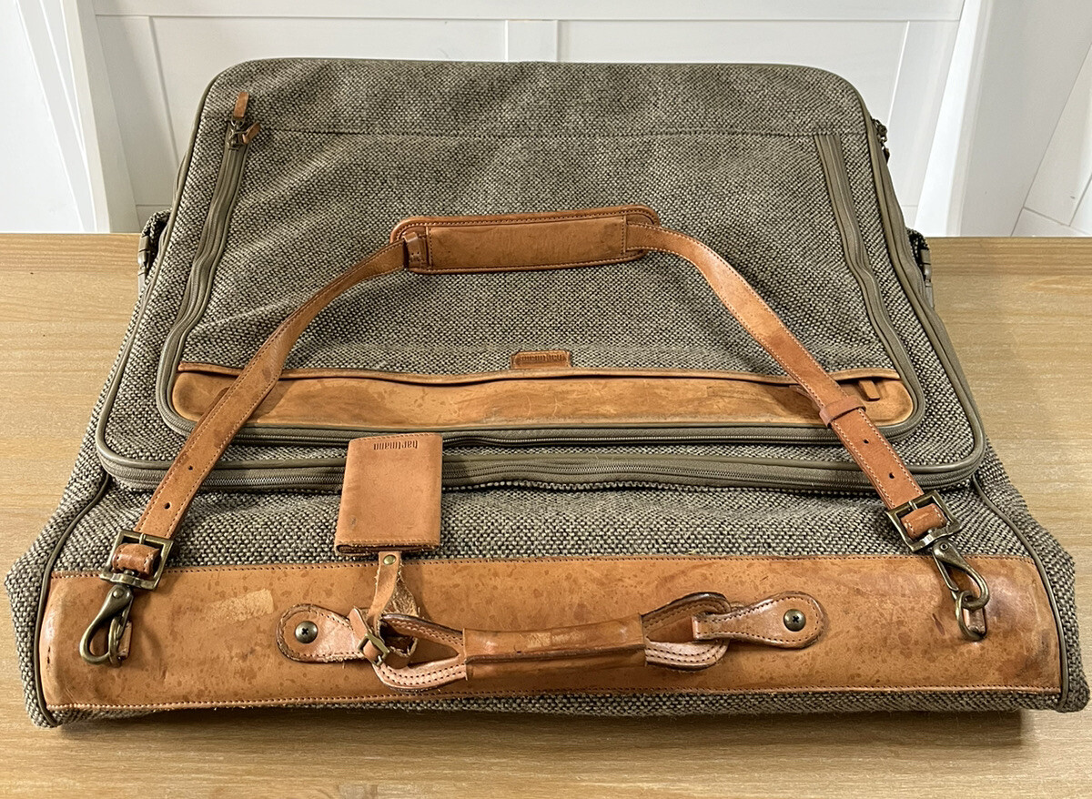 HARTMANN Vintage Tweed & Leather Garment Bag Luggage Suitcase 2 Hangers & Bags